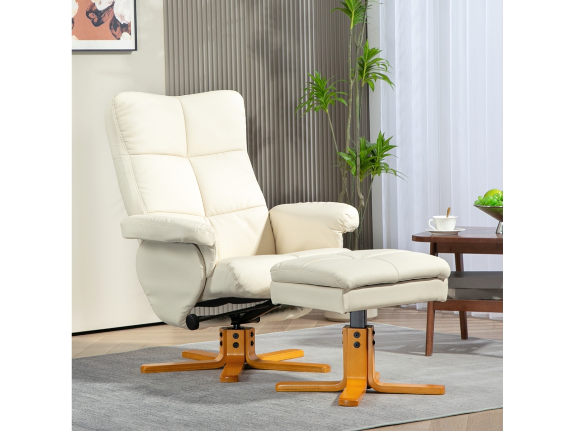 Poltrona Relax Com Descanso Para Os Pés, Reclinável, 360° Giratória, Com Armazenamento E Estofado Em Imitação De Couro, Creme Haochrymec (80x86x99 Cm)