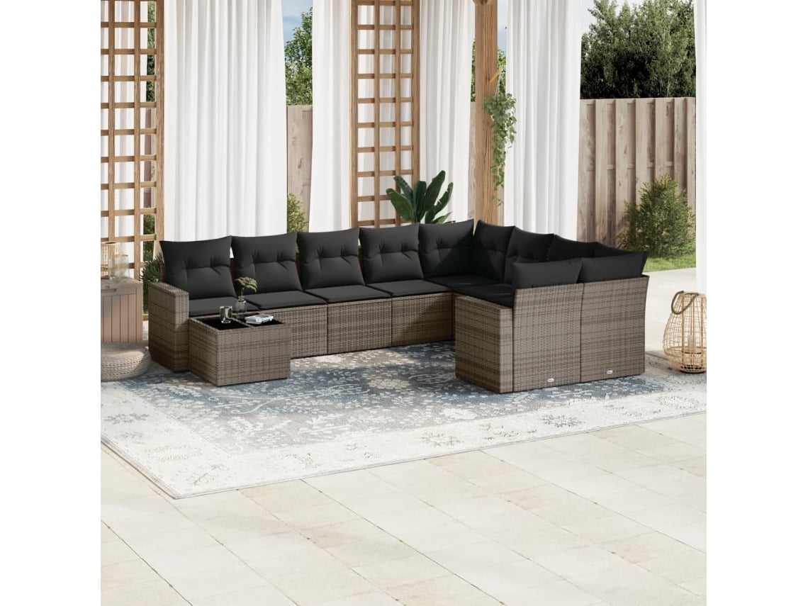 Conjunto 10 sofás de jardim c/ almofadões VIDAXL vime PE cinzento