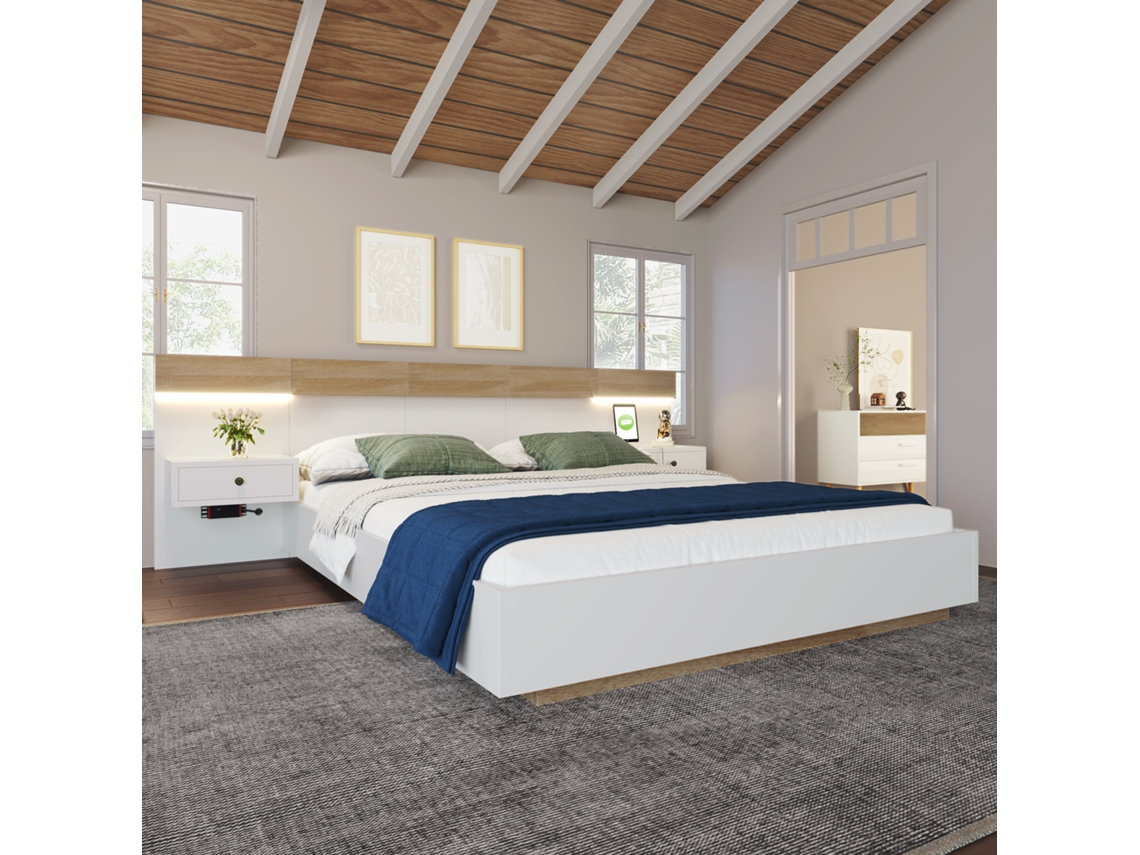 Conjunto Cama 180×200cm Com 2 Mesas De Cabeceira Led E Entrada Usb-c, Carvalho/branco (sem Colchão)