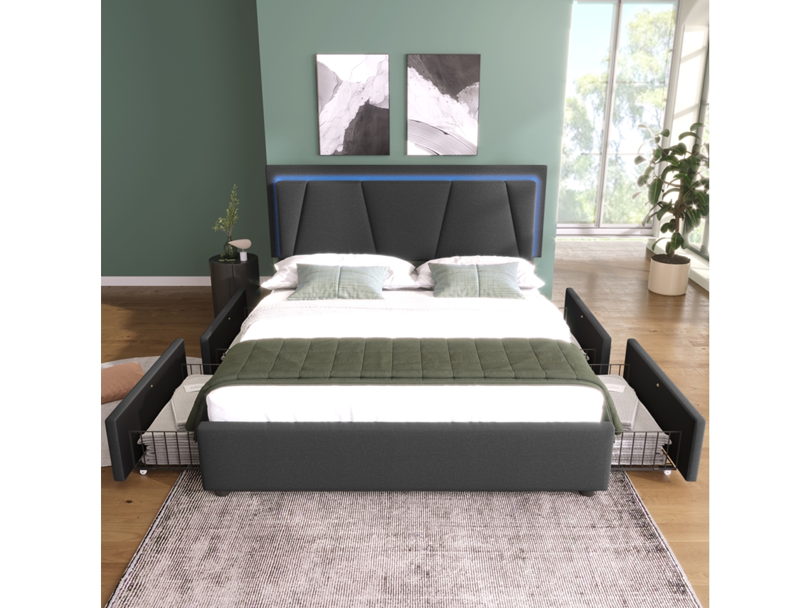 Cama Estofada Com Led E 4 Gavetas, Cabeceira Ajustável Em Altura, Cama De Casal 140x200cm Camas De Arrumação Estrutura Da Cama, Cinzento Com Colchão