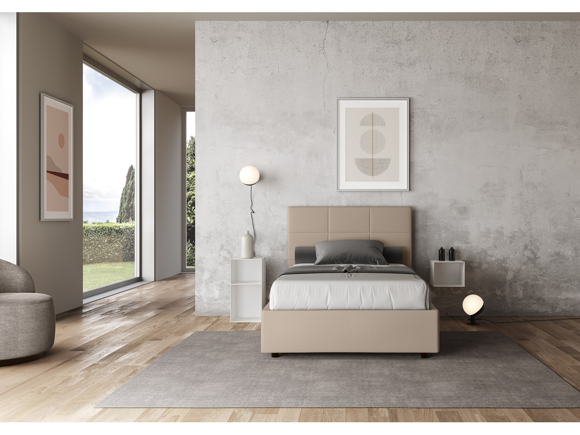 Cama de Casal Con Estrado Estofada MikaITYHOME (140 x 210 cm - Painéis de Melamina e Couro Sintético)