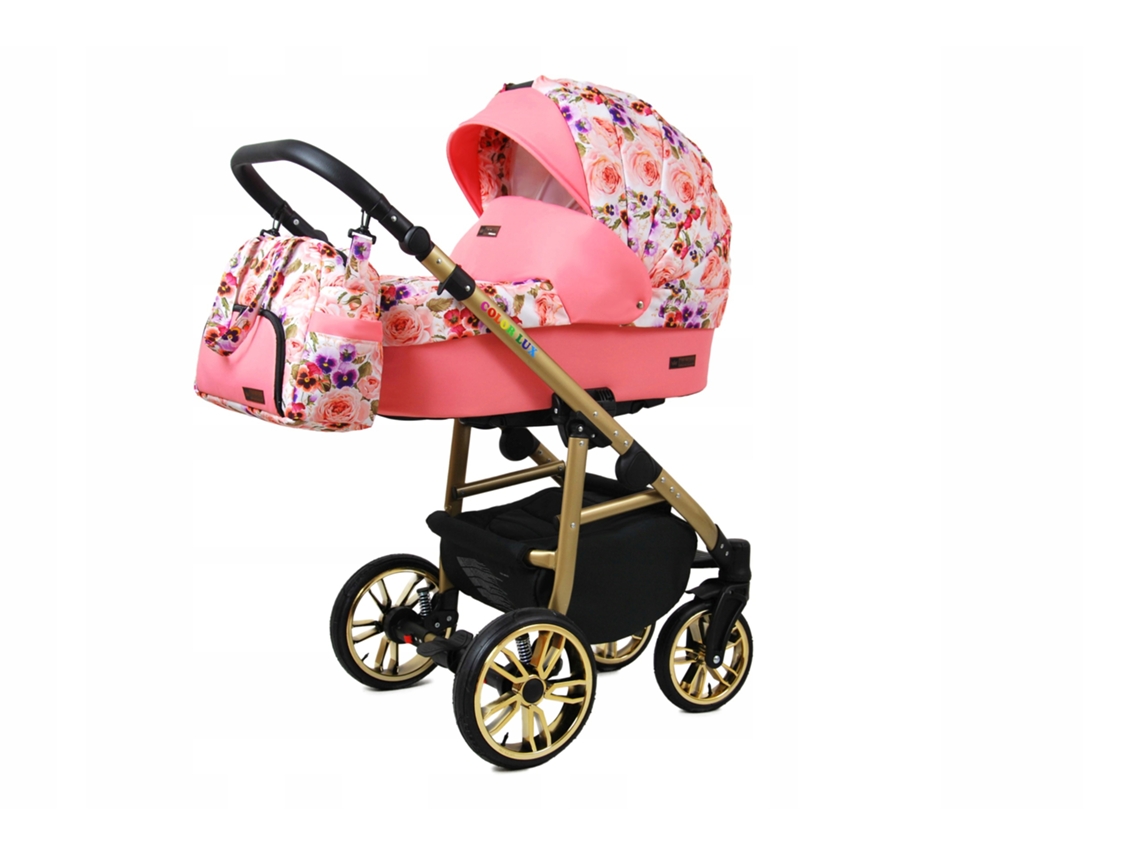 Carrinho de Bebé Multifuncional BABYLUX CLASSIC GOLD 4 Em 1 -Pansies And Roses GOLD FRAME - Ajustável e dobrável Construção leve em alumínio