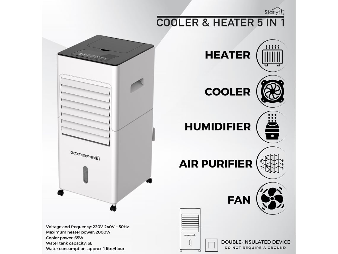 Aquecedor refrigerador 5 em 1, 2000w, purificador umidificador, aquecedor de ar elétrico, portátil, controle remoto, controle remoto Starlyf