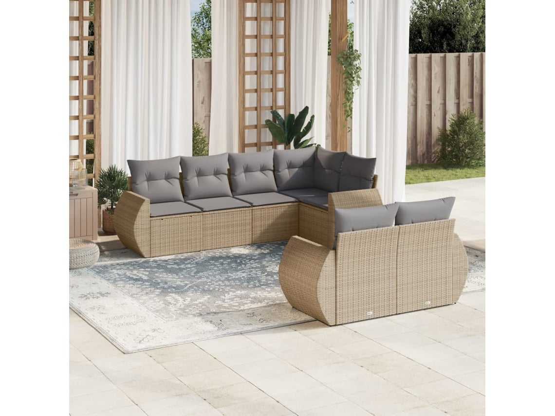 Conjunto 7 de sofás p/ jardim com almofadões VIDAXL vime PE bege
