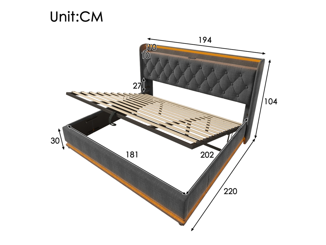 Cama Casal Estofada Led 360° Usb-c Arrumação Hidráulica Linho Cinza (180x200cm)
