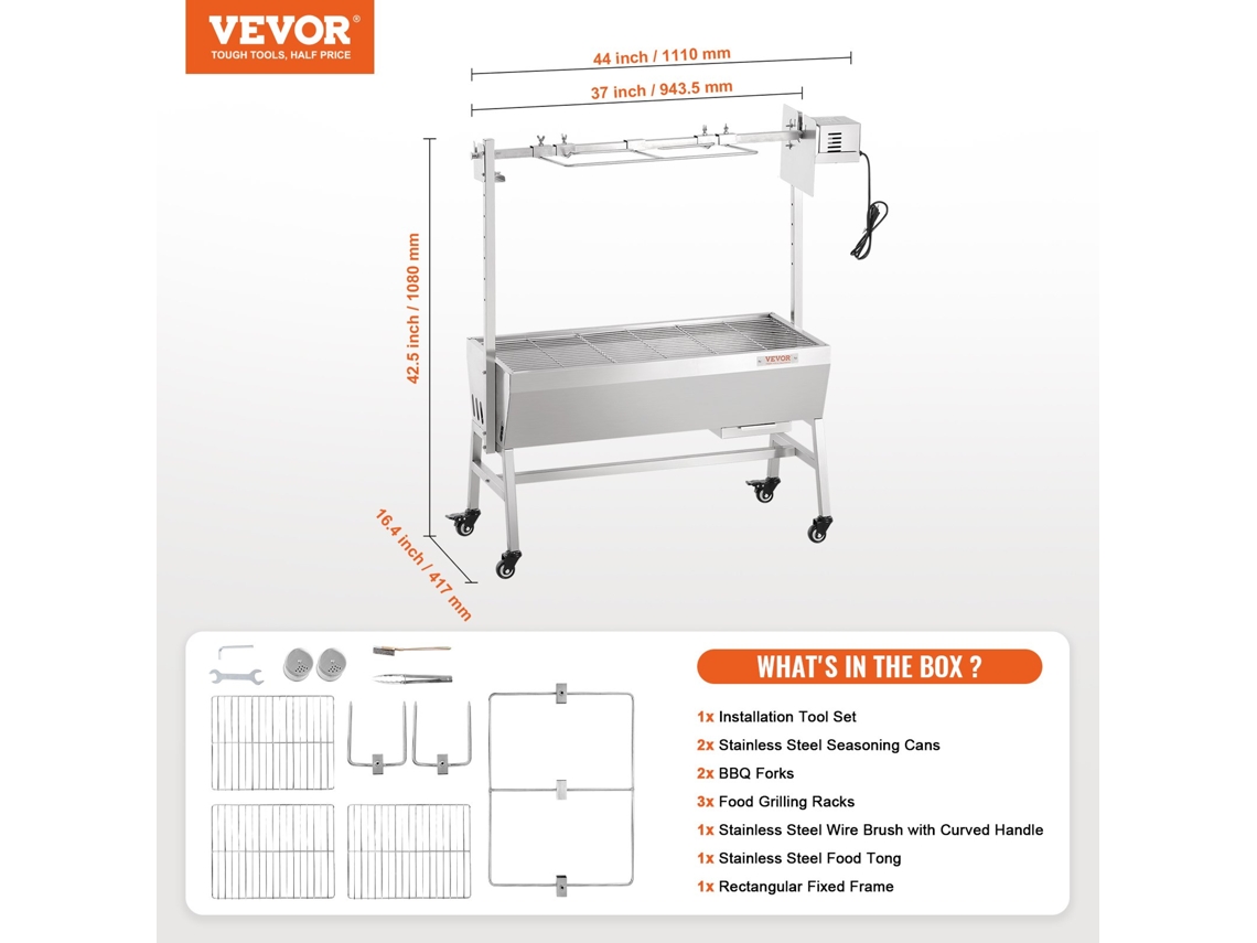 Espeto de Churrasco VEVOR para Porcos Cordeiros Frangos 1110 X 417 X 1080 Mm