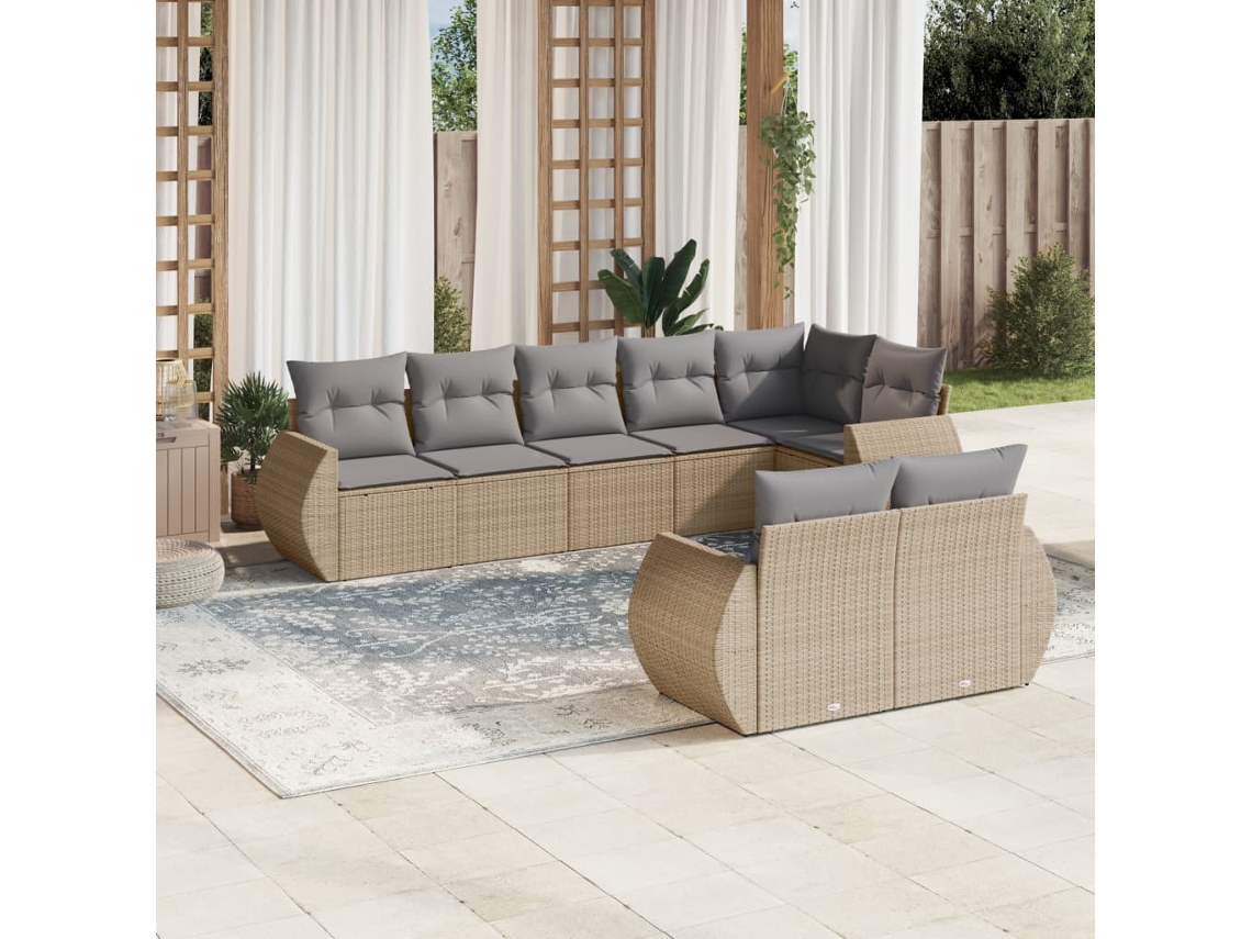 Conjunto 8 de sofás p/ jardim VIDAXL com almofadões vime PE bege