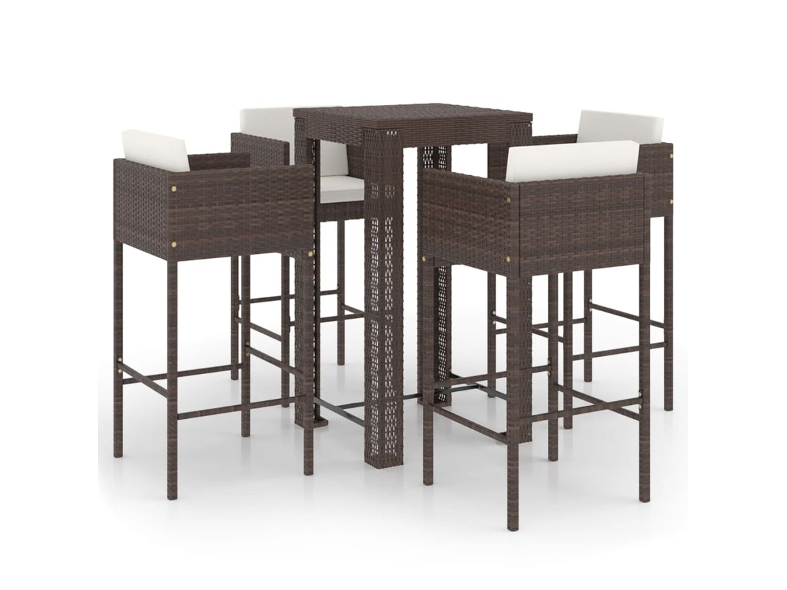 Conjunto de Bar de Jardim de 5 Peças com Almofadas de Vime Sintético Marrom