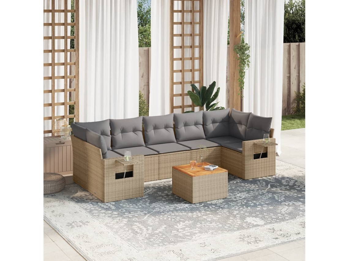 Conjunto 8 de sofás p/ jardim VIDAXL com almofadões vime PE bege