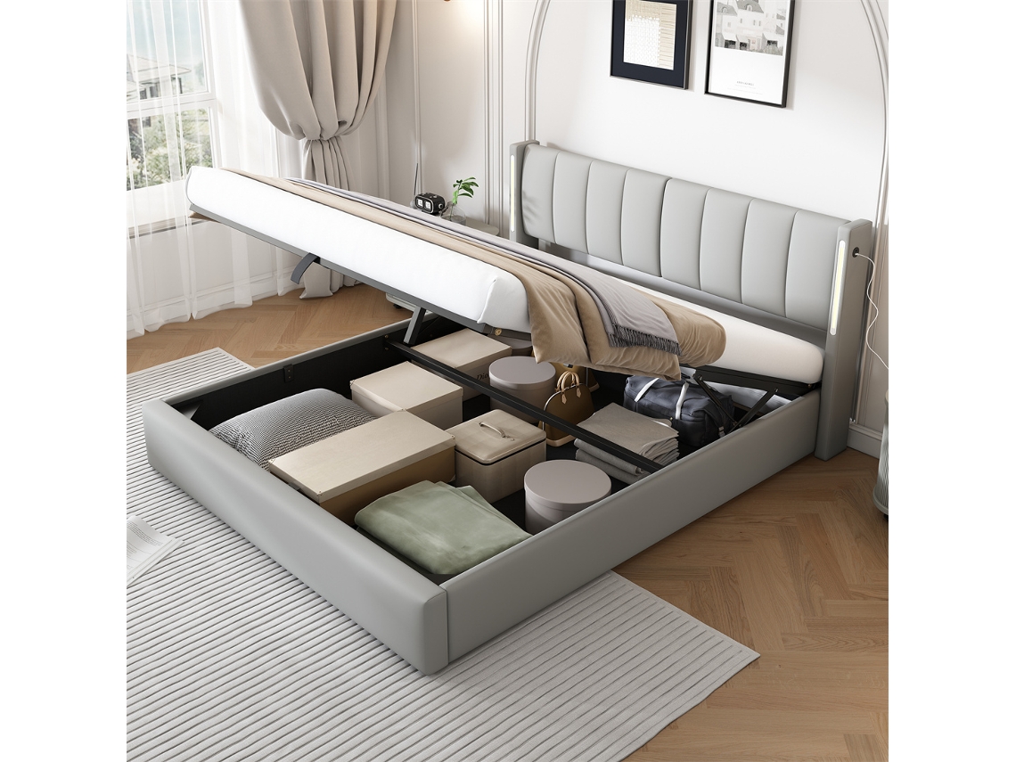 Cama Com Cabeceira E Arrumação Estofada Hidráulica Iluminação Led Espaço Gutent Pele Sintética Cinzento (160x200)