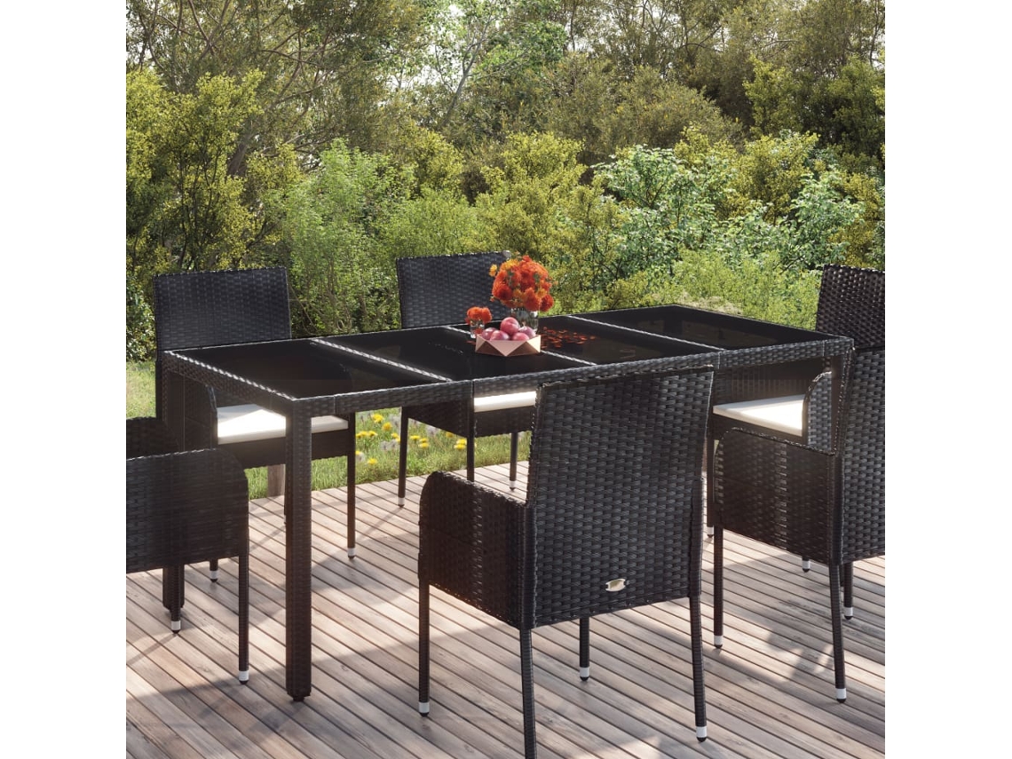 Mesa de jardim com tampo de vidro VIDAXL Preto Rattan / Vime (190x90x75 cm)