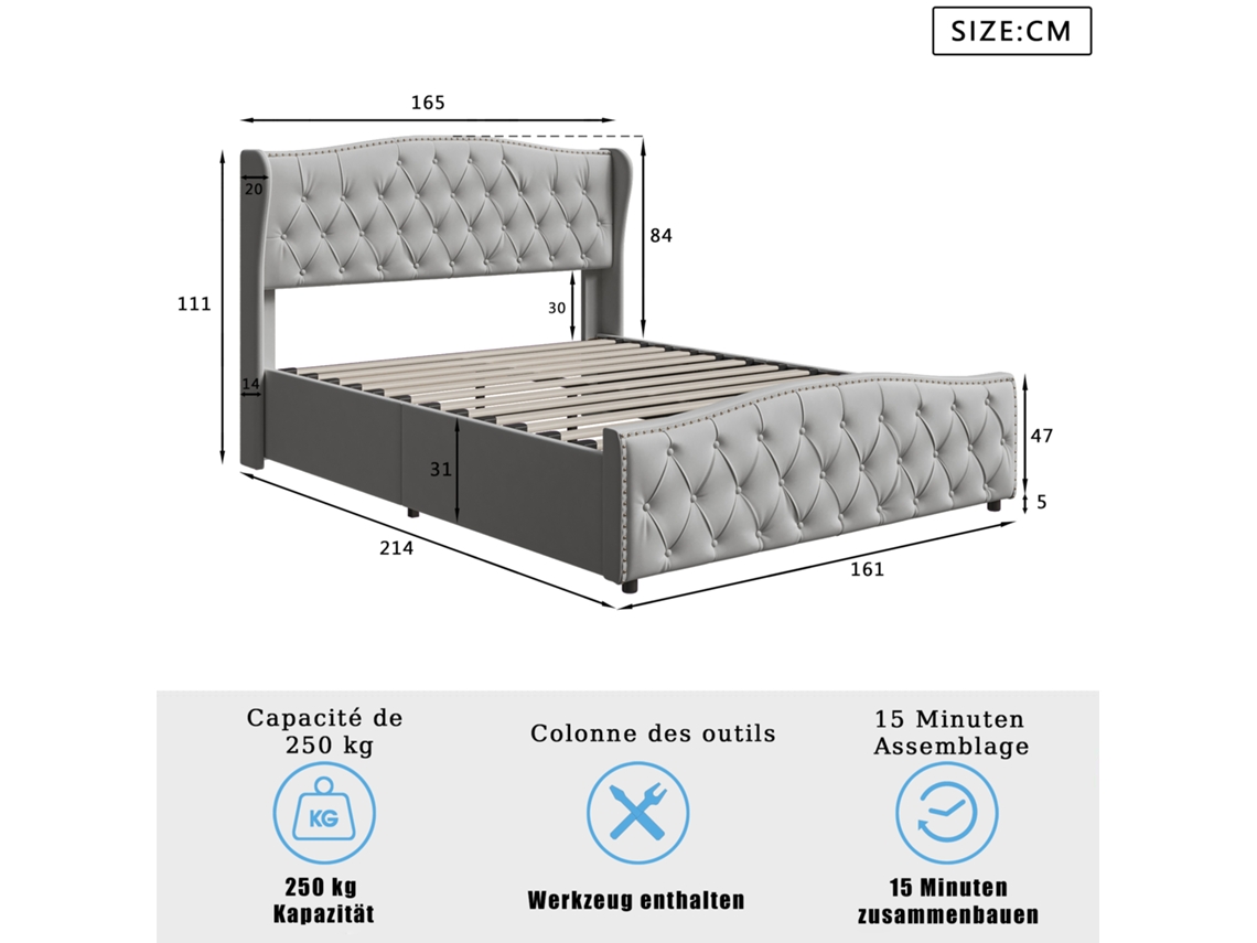 Cama Estofada 160 X 200 Cm Com Espaço De Arrumação, Cama Com Arrumação Hidráulica, Cama De Casal Com Cabeceira, Estrutura De Cama Com Base De Ripas