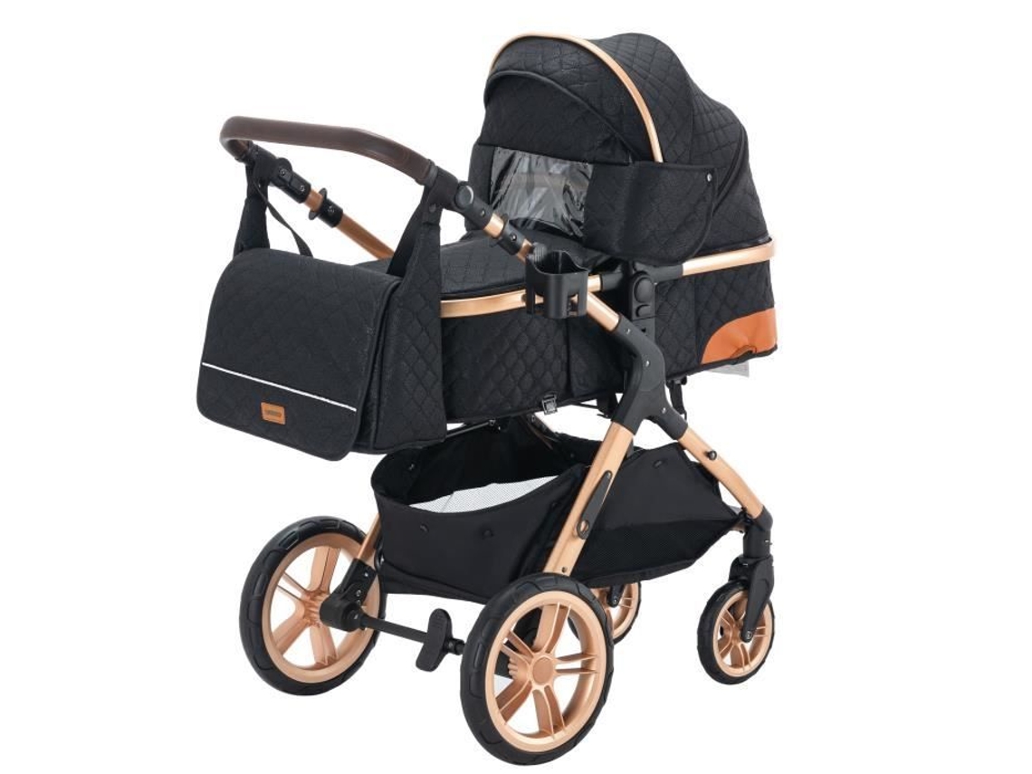 Carrinho de bebê 3 em 1 Yazoco com berço e cadeirinha, até 15 kg, preto dourado