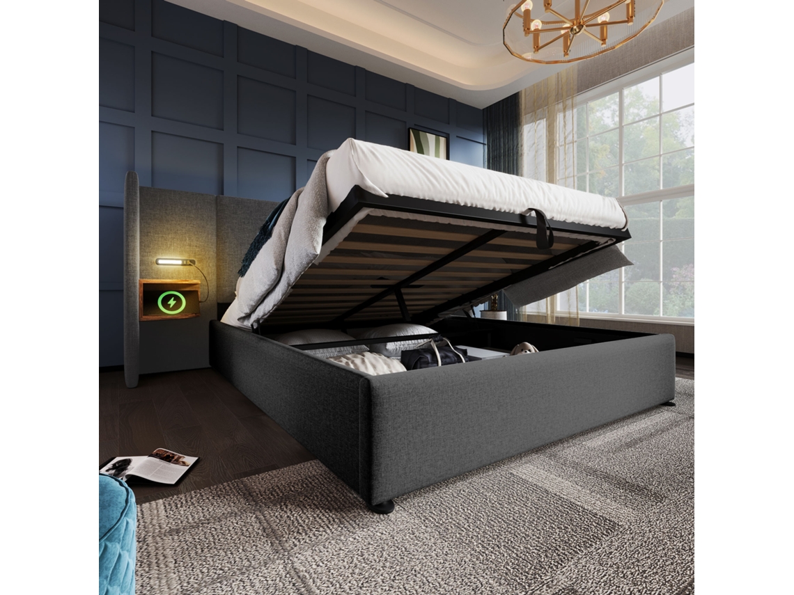 Cama Com Baú 160x200 Cm Com Mesa De Cabeceira, Candeeiro De Leitura, Usb Tipo C, Arrumação Em Madeira Maciça E Metal - Linho Cinzento (com Colchão)