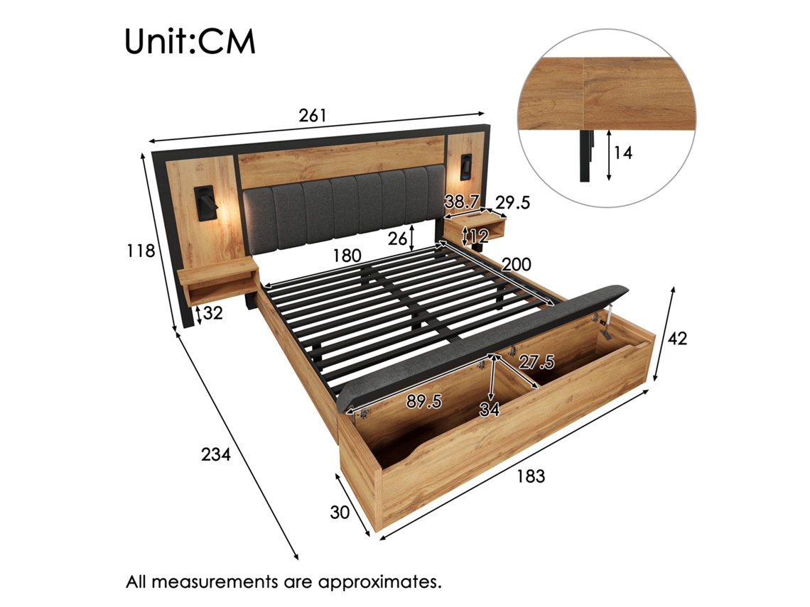 Cama De Casal Cama Estofada 180×200, Cama Com Lâmpada De Leitura E Usb C Mesa De Cabeceira E Banco Com Espaço De Arrumação, Sem Colchão