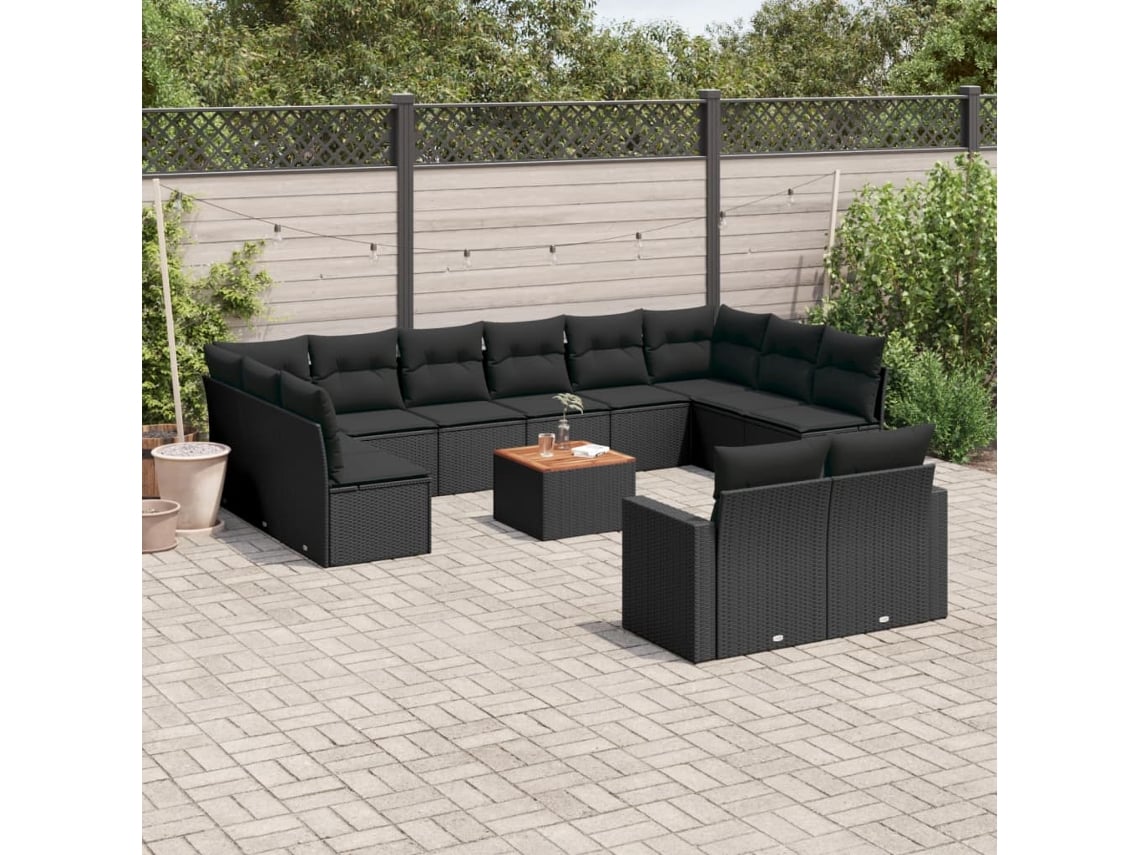 Conjunto 13 de sofás de jardim com almofadões VIDAXL vime PE preto