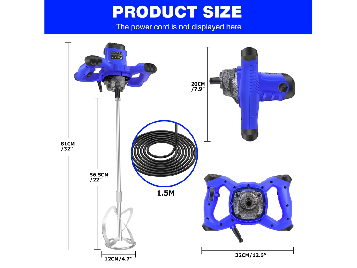 Betoneira, Motor De 2600w, 6 Velocidades Ajustã¡veis, Leve Com 3,8 Kg, Manoplas Duplas Ergonã´micas, Proteã§ã£o Contra Superaquecimento Oem