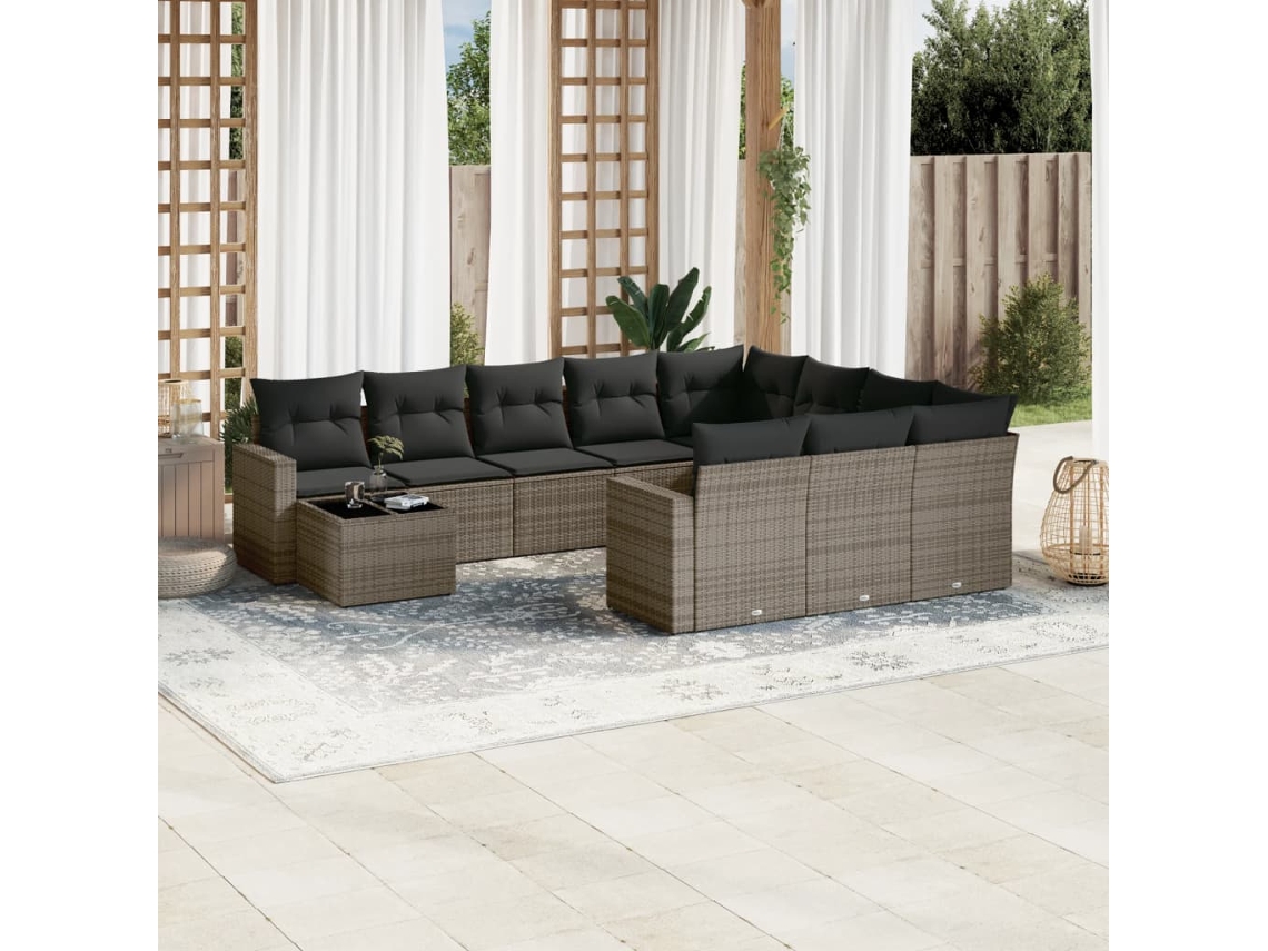Conjunto 11 sofás de jardim c/ almofadões VIDAXL vime PE cinzento
