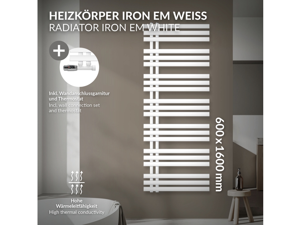 Radiador De Casa De Banho De Ligação Central 600x1600 Mm Branco Luxebath
