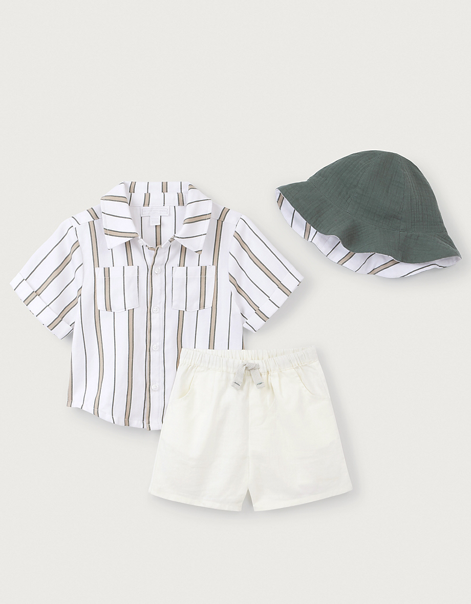 Organic Cotton Striped Shirt, Shorts & Bucket Hat Set (0–18mths)