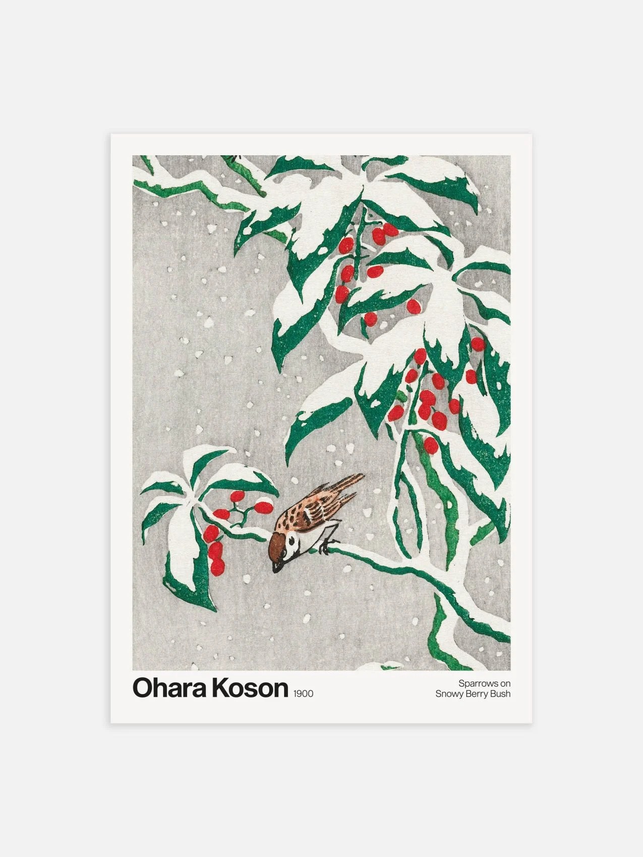 Sparrows on Snowy Berry Busch by Ohara Koson Poster