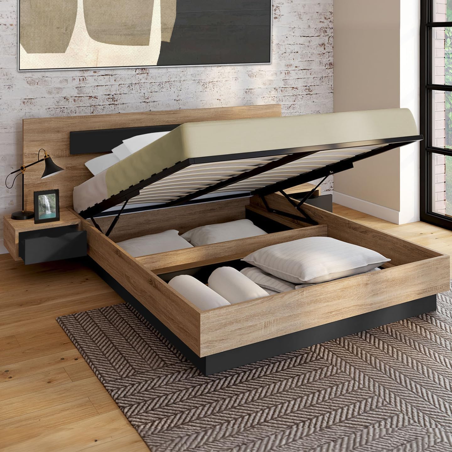 - Lit Coffre Santa avec Tables de chevets intégrées et sommier 140x190cm Couleur Bois et Noir