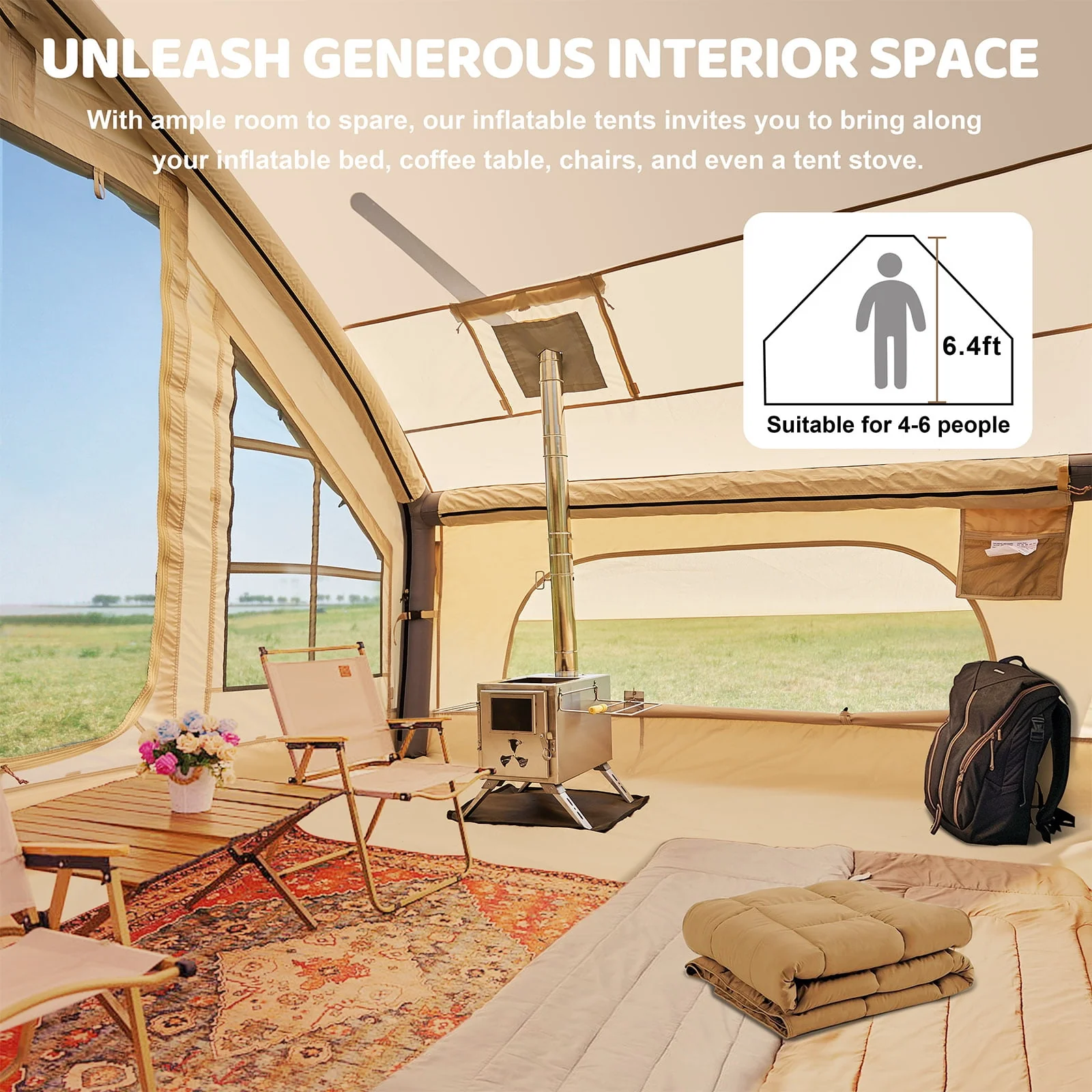 Tenda da campeggio gonfiabile per 6 persone con pompa,tenda familiare Glamping di 10 piedi x 7 piedi Facile installazione 4 stagioni impermeabile antivento all'aperto Blow Up Tent Cabina Oxford di lusso con finestre e porte a rete -