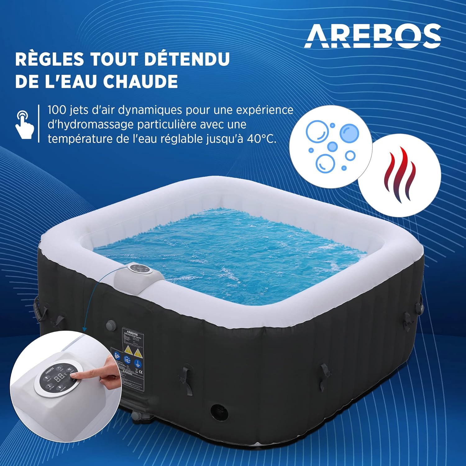 Arebos Spa Gonflable | pour l'intérieur et l'extérieur | 4 Personnes | 154x154cm | 100 Jets de Massage | Spa Bien-être Chauffage | Massage Gonflable Carré | 600 litres