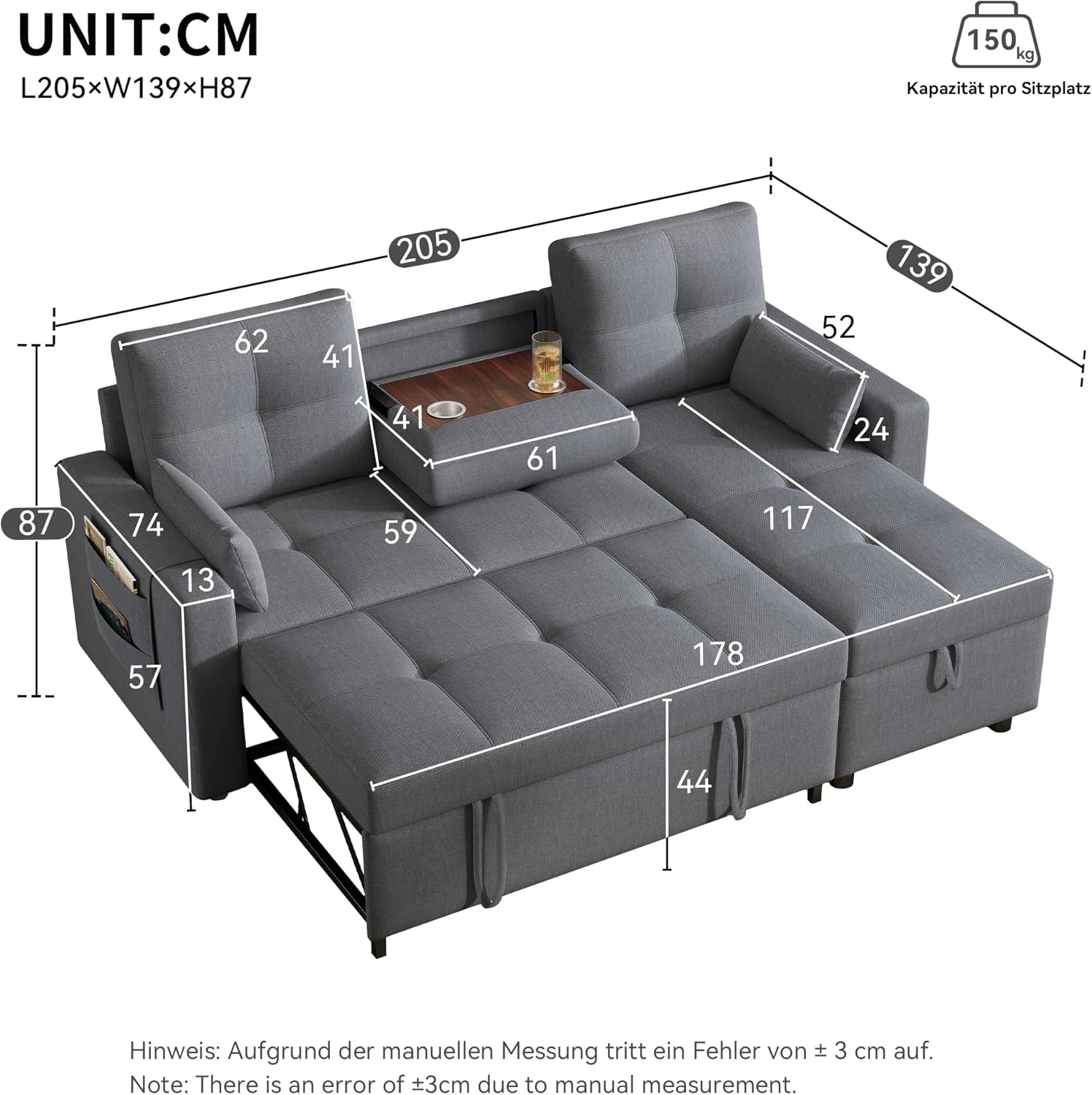 Canapé Convertible en Forme de L,canape lit 2 Places Convertible Gris,canapé 3 Places lit gigogne avec Fonction Couchage,équipé d'un Espace de Rangement