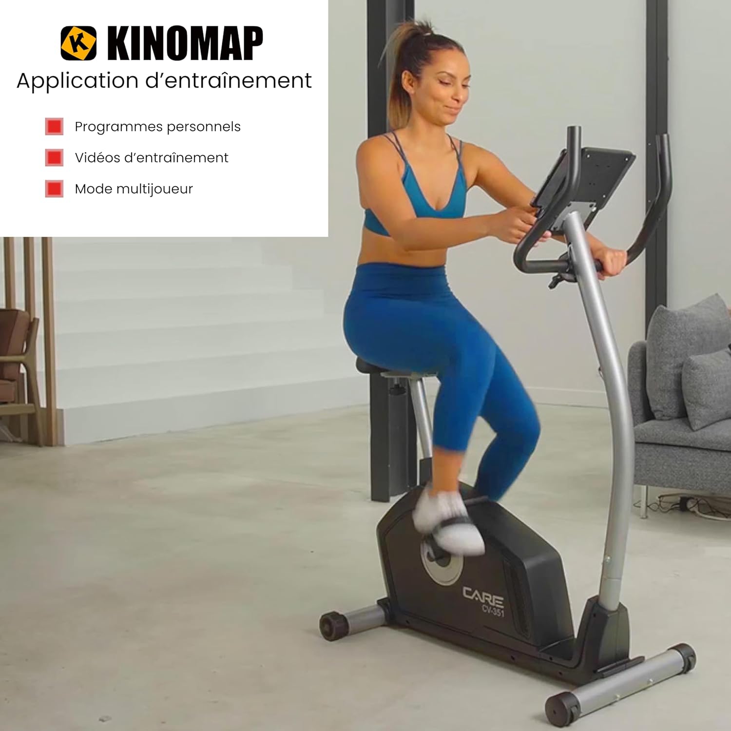 - Vélo d’Appartement Motorisé CV-351 – Masse d'Inertie 10kg - Résistance Magnétique à 16 Niveaux - 7 Programmes d'Entraînement - Selle Ajustable - Connectivité Application Kinomap