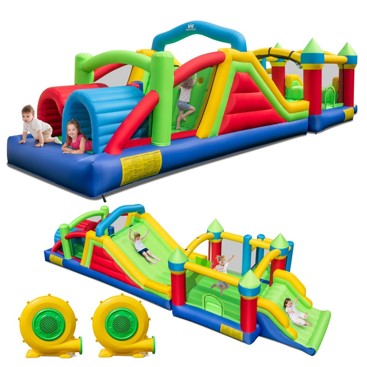 Château Gonflable pour 4 Enfants avec 2 Toboggans Tunnels Zone de Rebond Escalade Obstacles Maison de Jeu avec Souffleur de 680 W