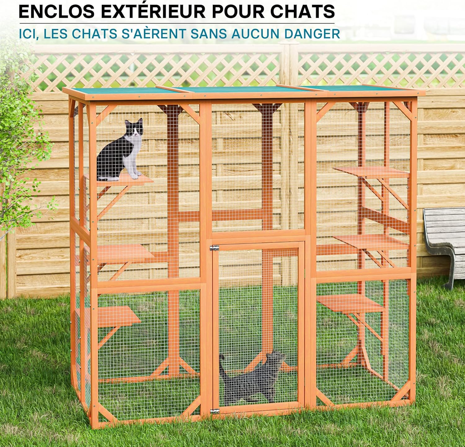 Enclos extérieur – 168 x 82 x 166,5 cm – en Bois de Sapin et avec Grillage – Parc pour Chat résistant aux intempéries – avec 6 Zones de Repos – Félins