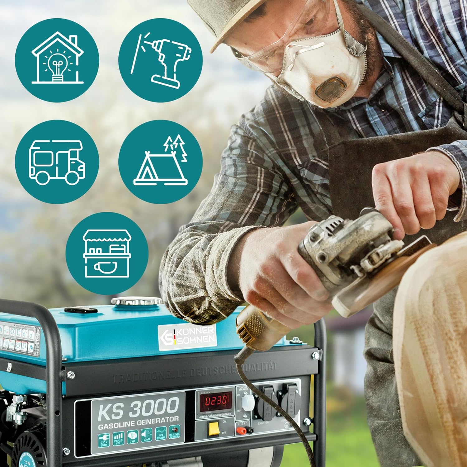 Groupe électrogène à essence 3000 puissance max 3000 W, prises Schuko 2x16A (230 V), EURO-V, régulateur de tension automatique (AVR),moteur électrique enroulement 100% cuivre,generateur de courant