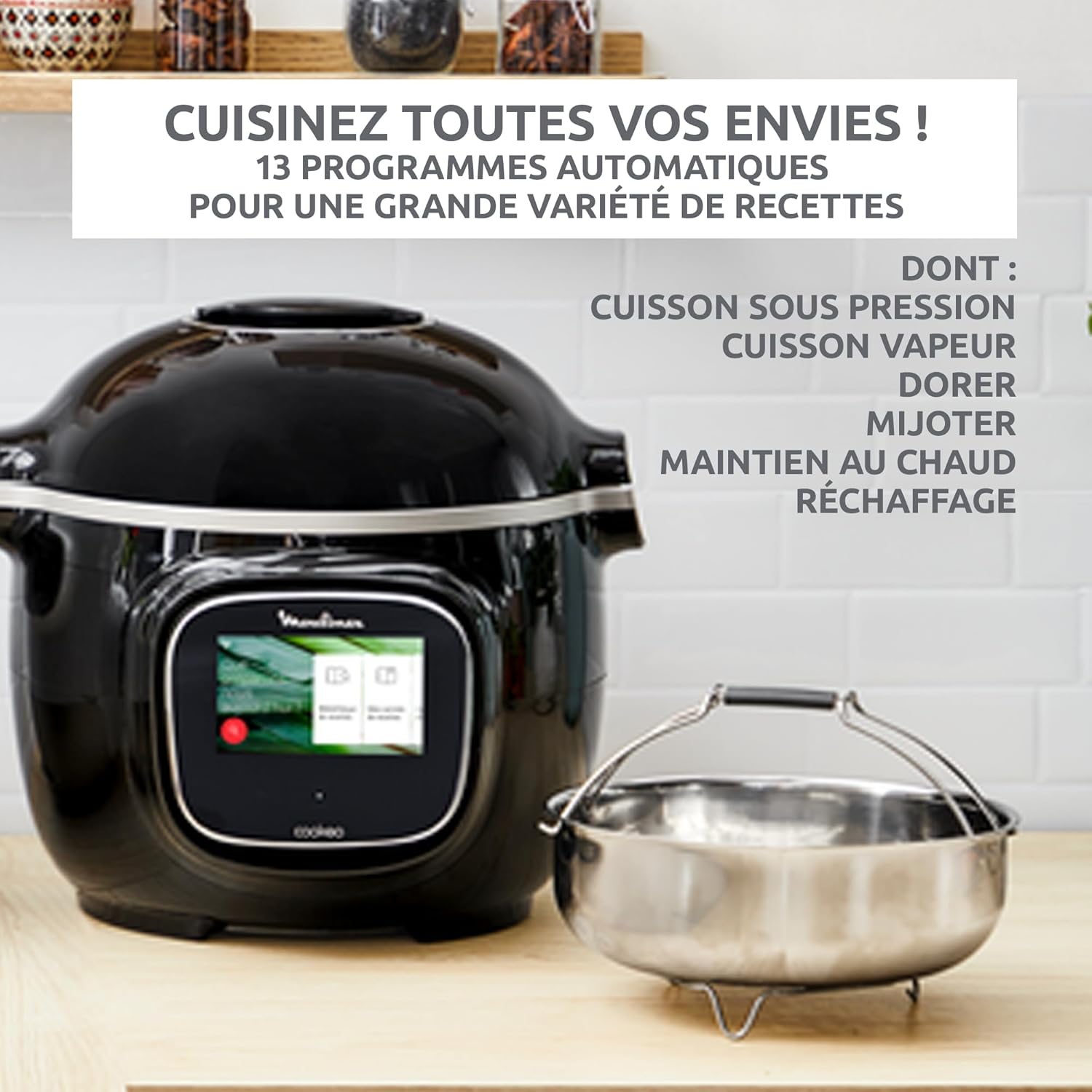 Cookeo Touch Wifi Multicuiseur intelligent, Cuve 6 L, Haute pression, Guide pas à pas, 250 recettes intégrées, Application CE902800, Noir