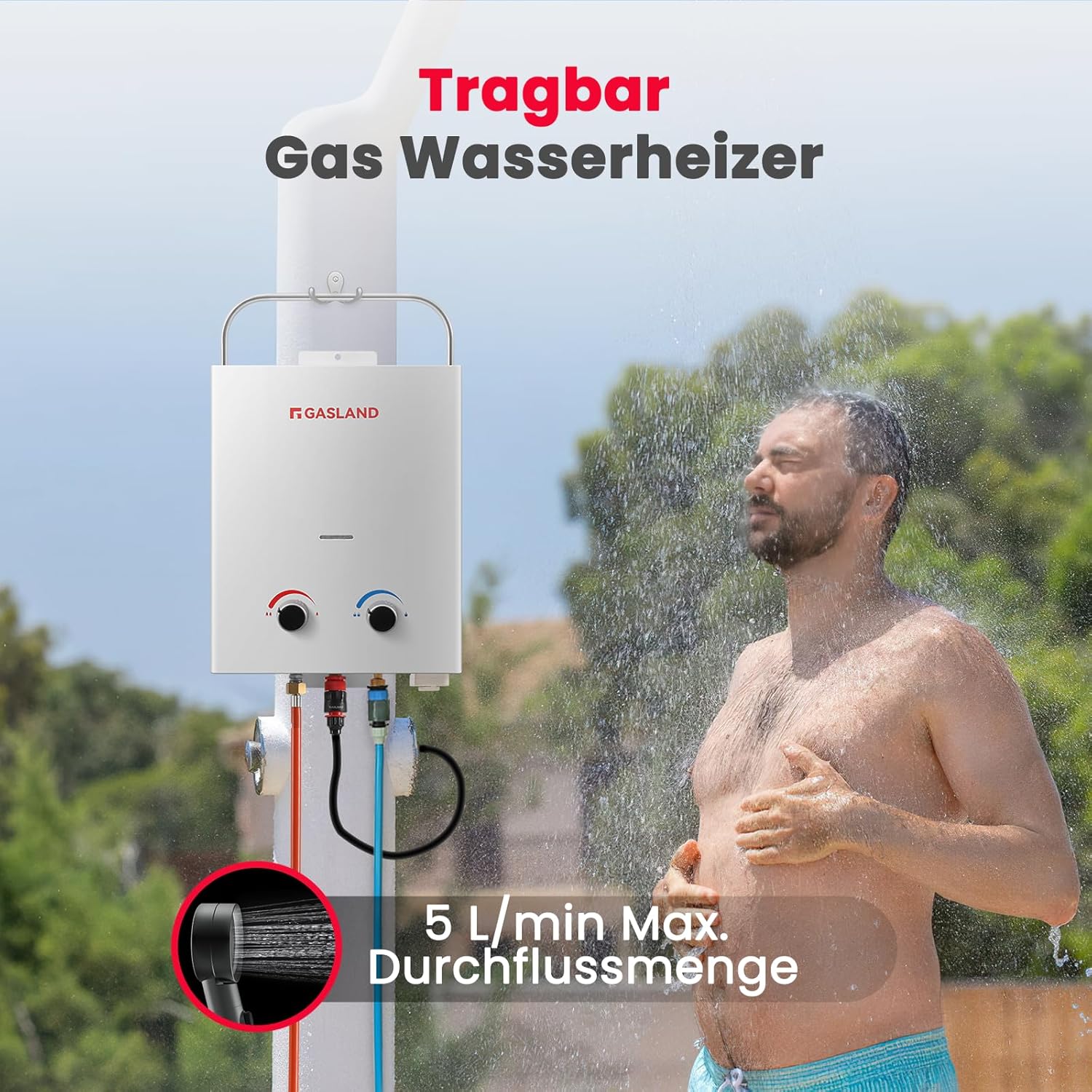 AS132 Chauffe-eau instantané au gaz 5 l - 50 mbar - Chauffe-eau GPL - Pour camping-car, camping, douche, lavage de cheval