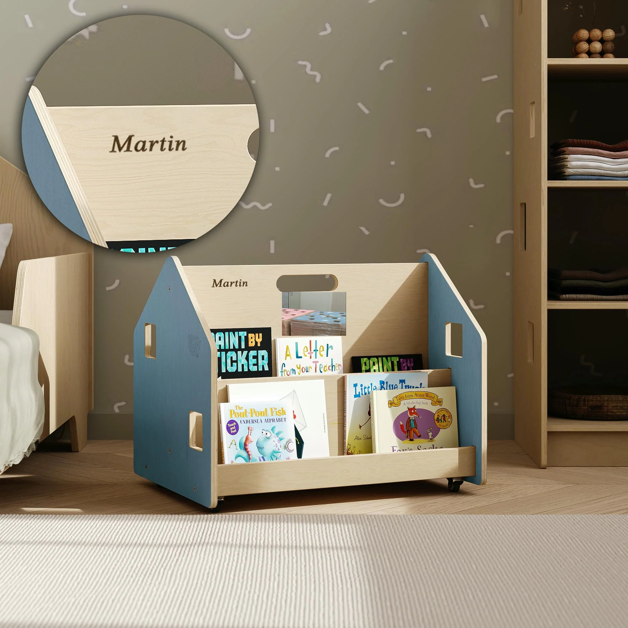 Libreria reversibile su ruote BusyKids - celeste