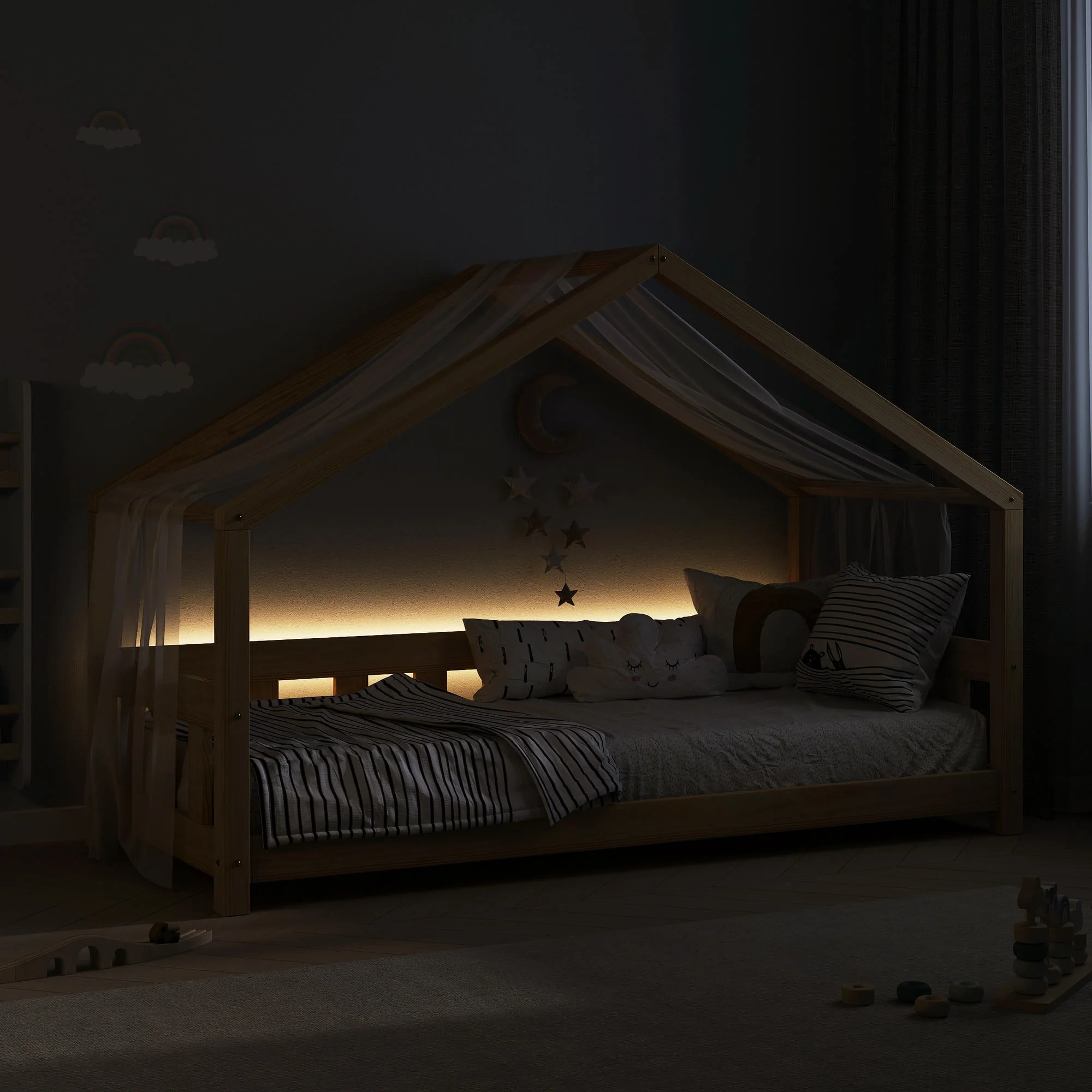 Letto a casetta per bambini BusyKids MAMI-ONE con pannello frontale e ingresso aperto