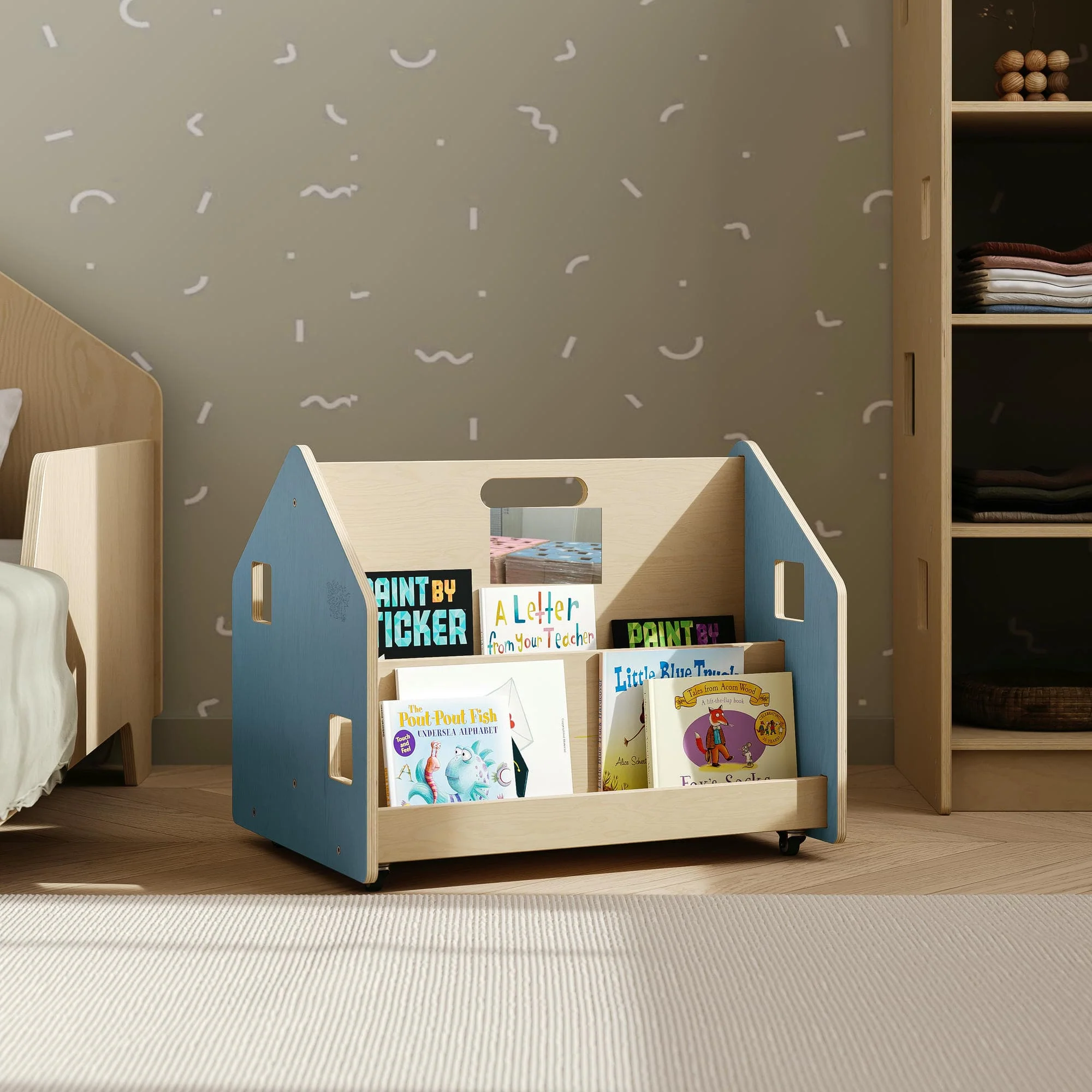 Libreria reversibile su ruote BusyKids - celeste