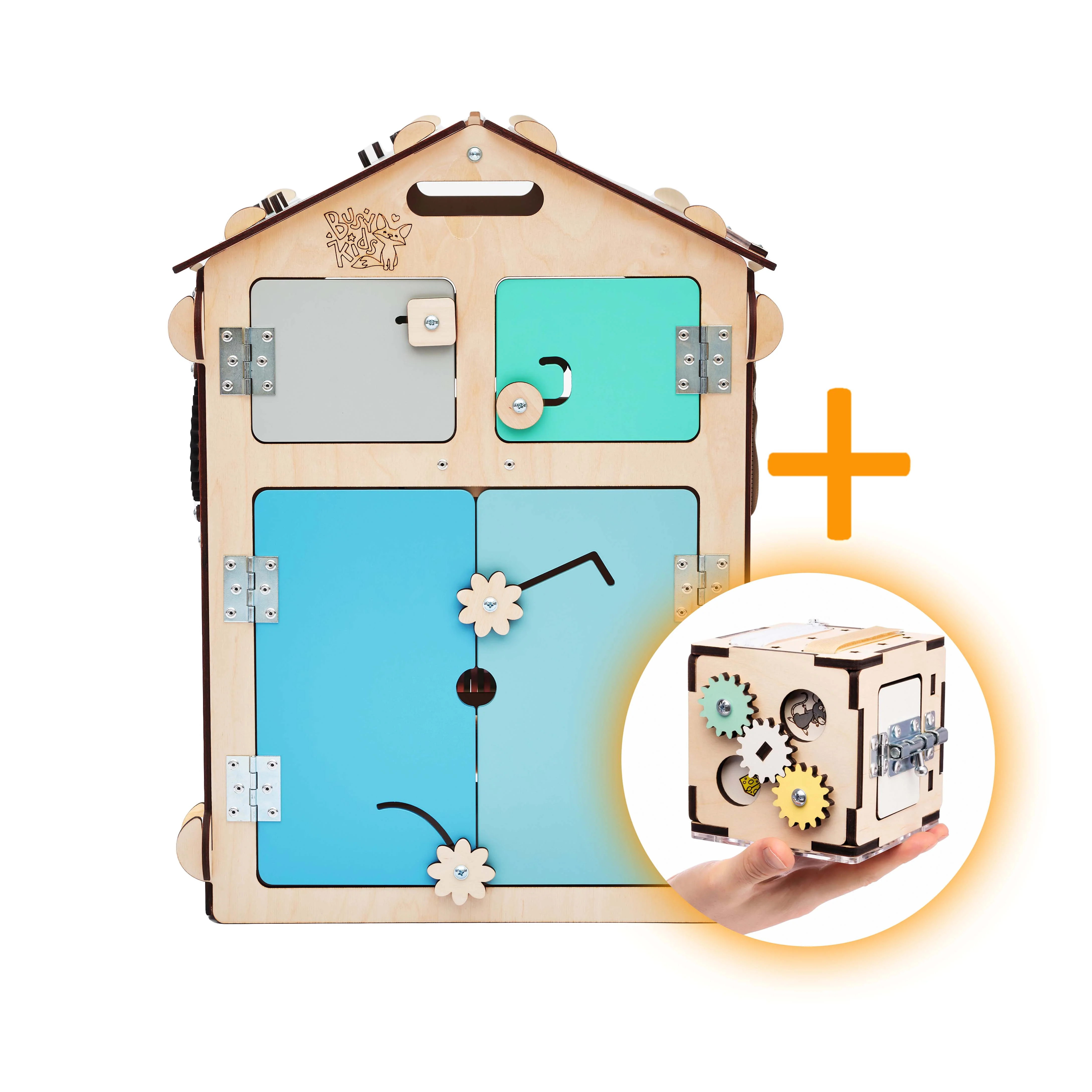 Casetta Montessori in Legno Natura Menta e Busy Cube set