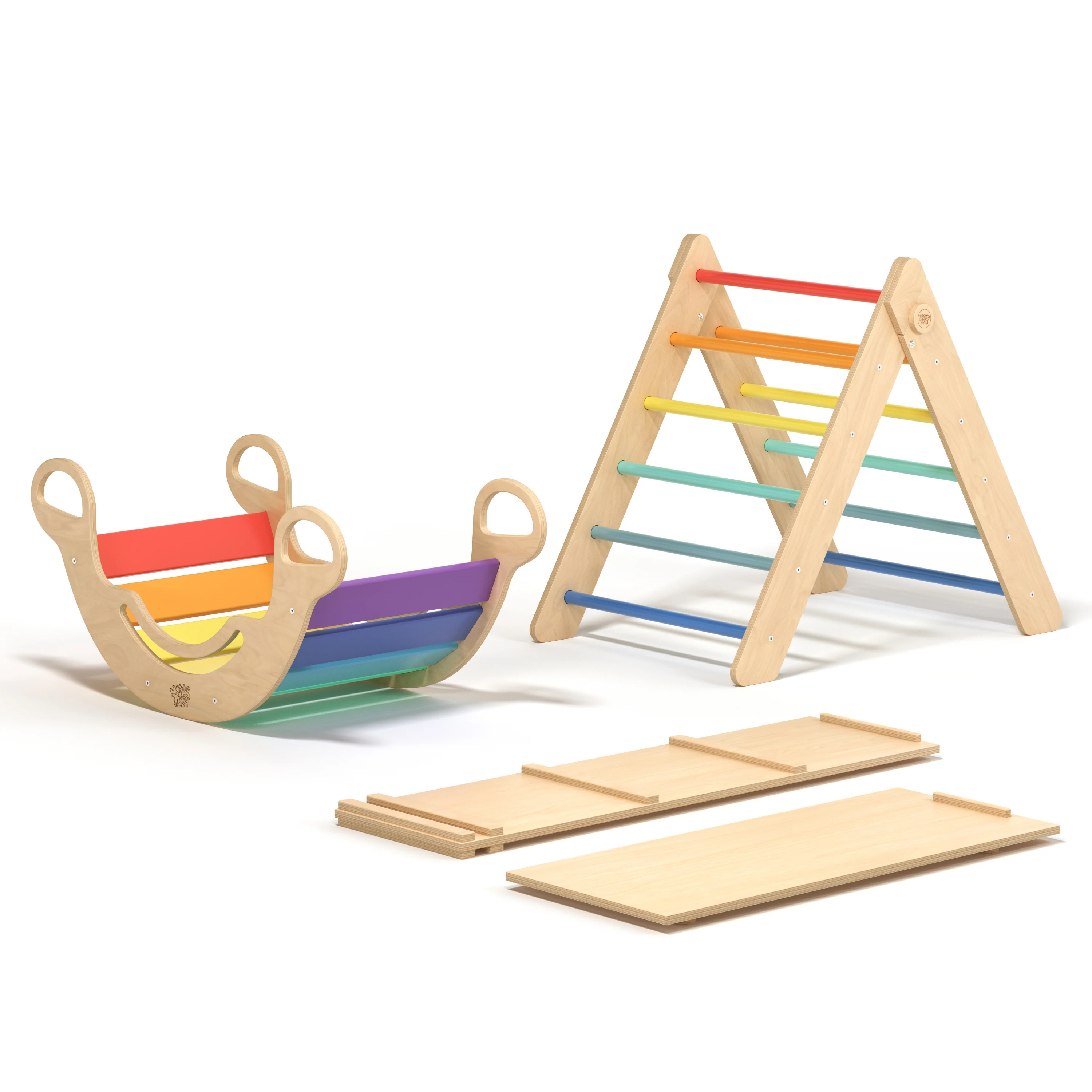 Triangolo di Pikler + 2 tavole bifacciali + Arco Montessori in legno (grande)