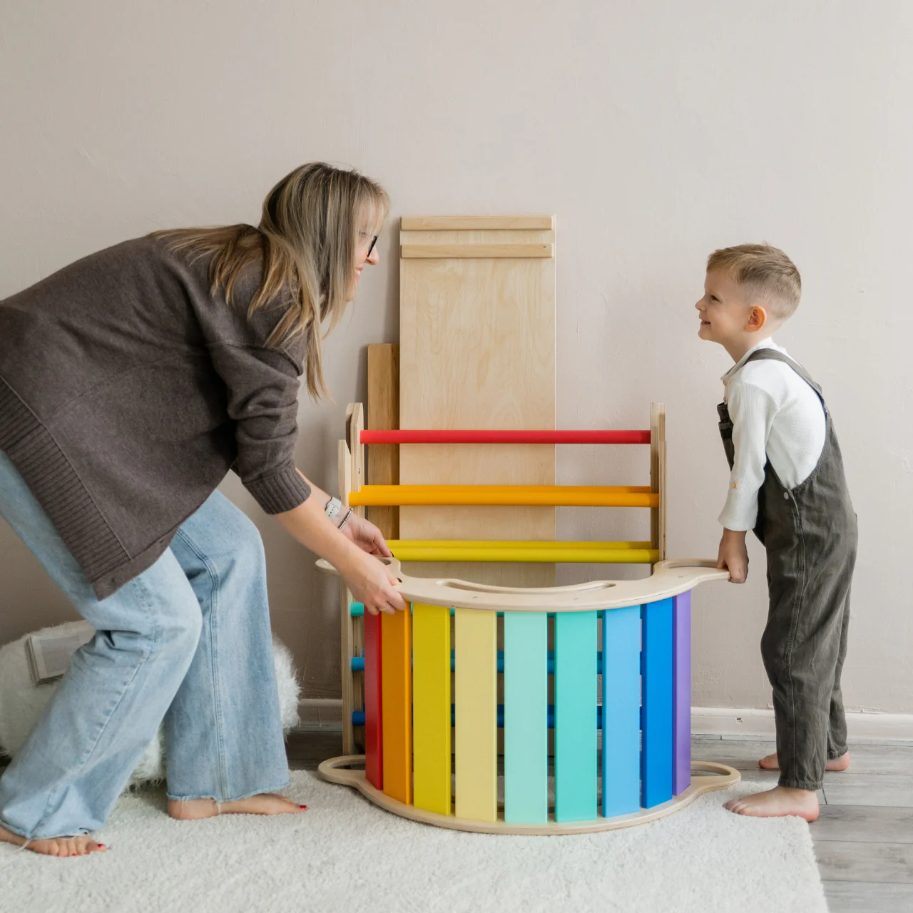 Triangolo di Pikler + 2 tavole bifacciali + Arco Montessori in legno (grande)