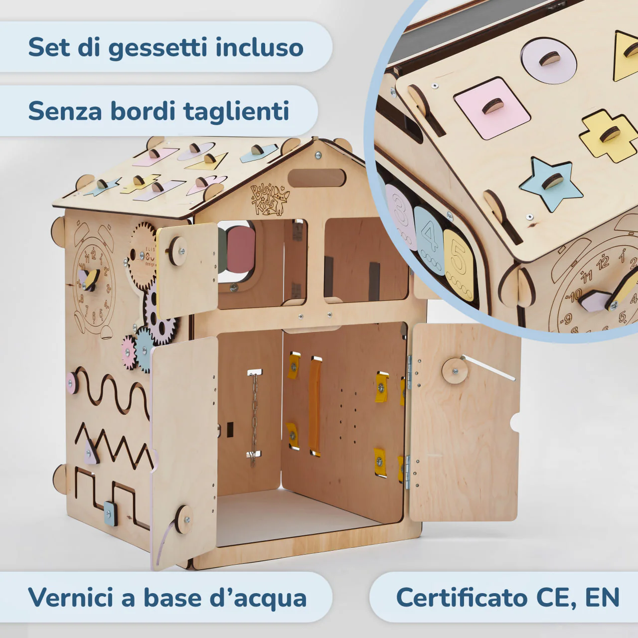 Casetta Montessori in Legno Natura Pastello e Busy Cube set