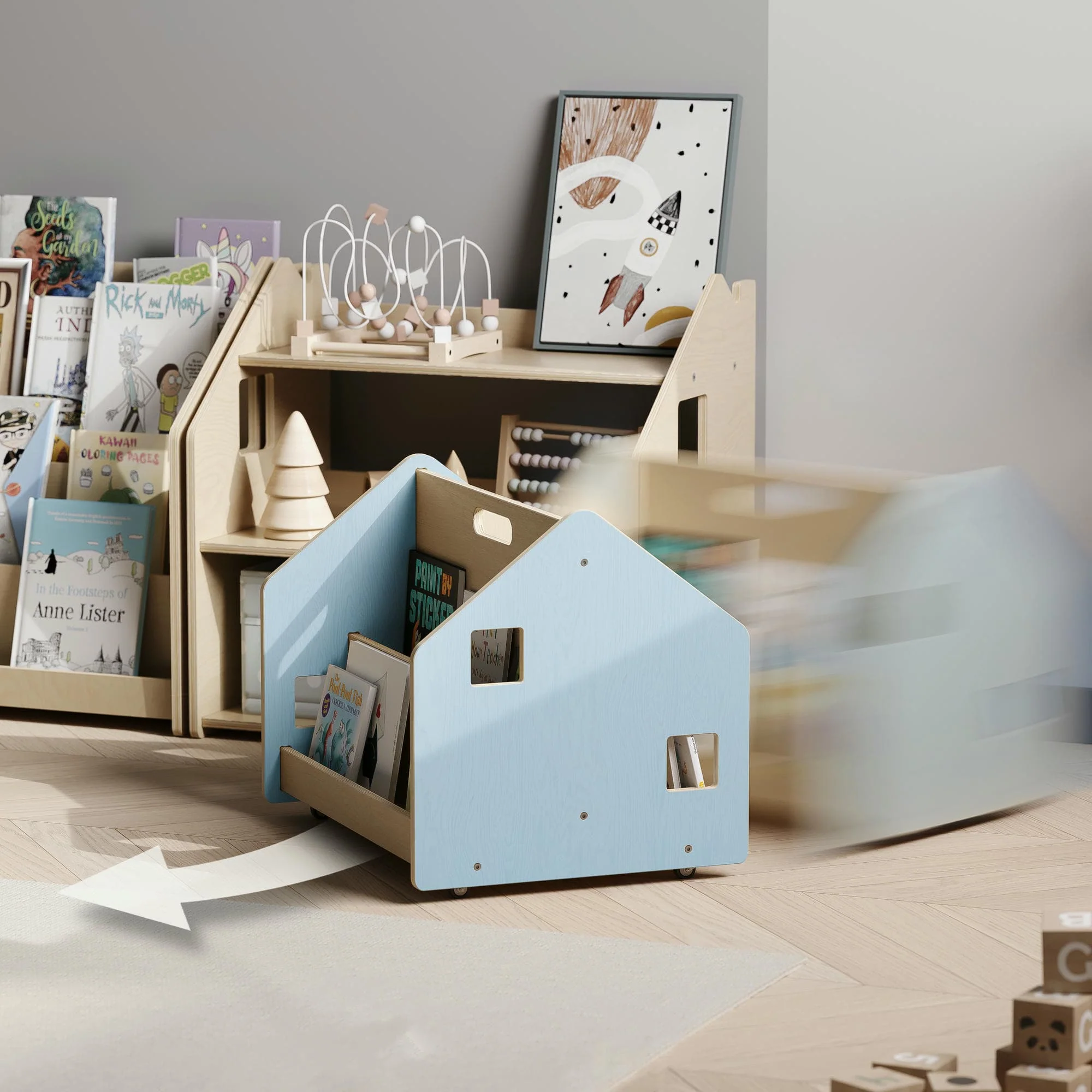 Libreria reversibile su ruote BusyKids - celeste