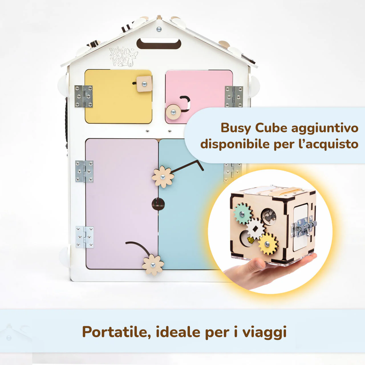 Casetta Montessori in Legno Bianco Pastello e Busy Cube set