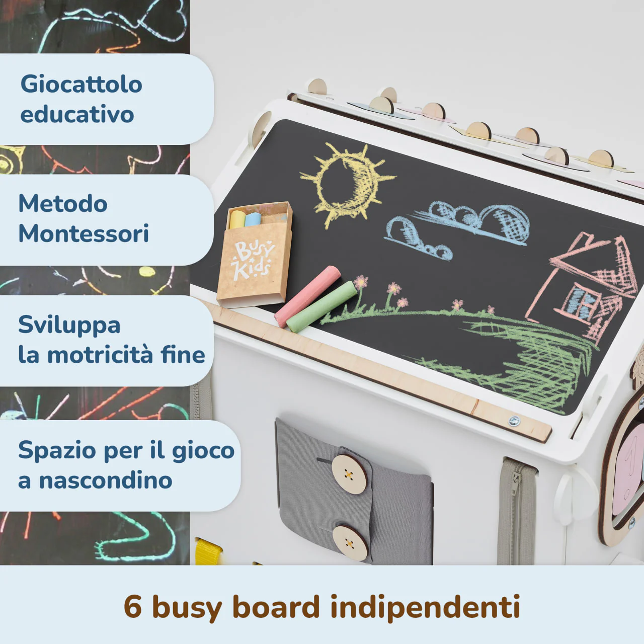 Casetta Montessori in Legno Bianco Pastello e Busy Cube set