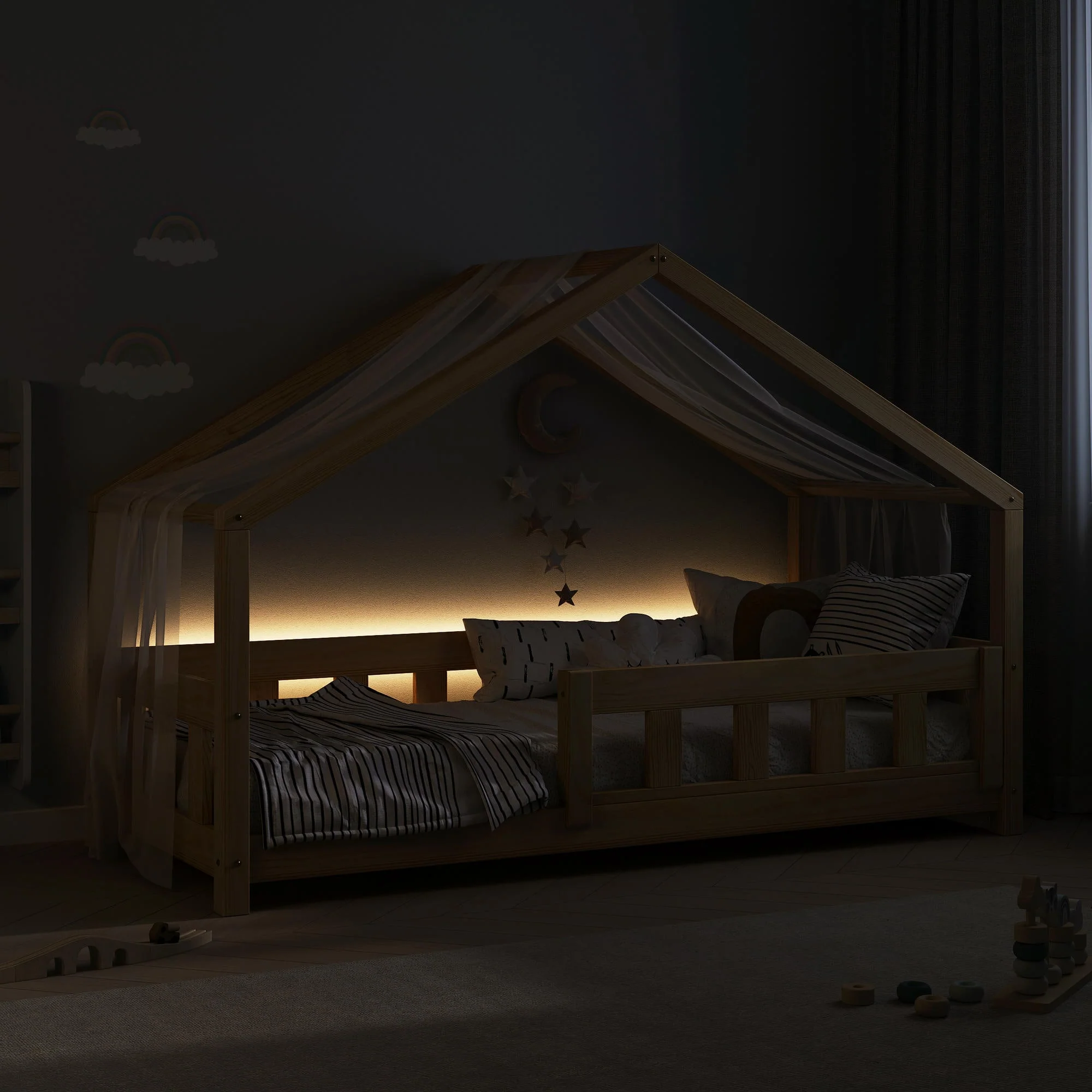 Letto a casetta BusyKids MAMI-MAX con parete frontale e sponda di sicurezza anteriore