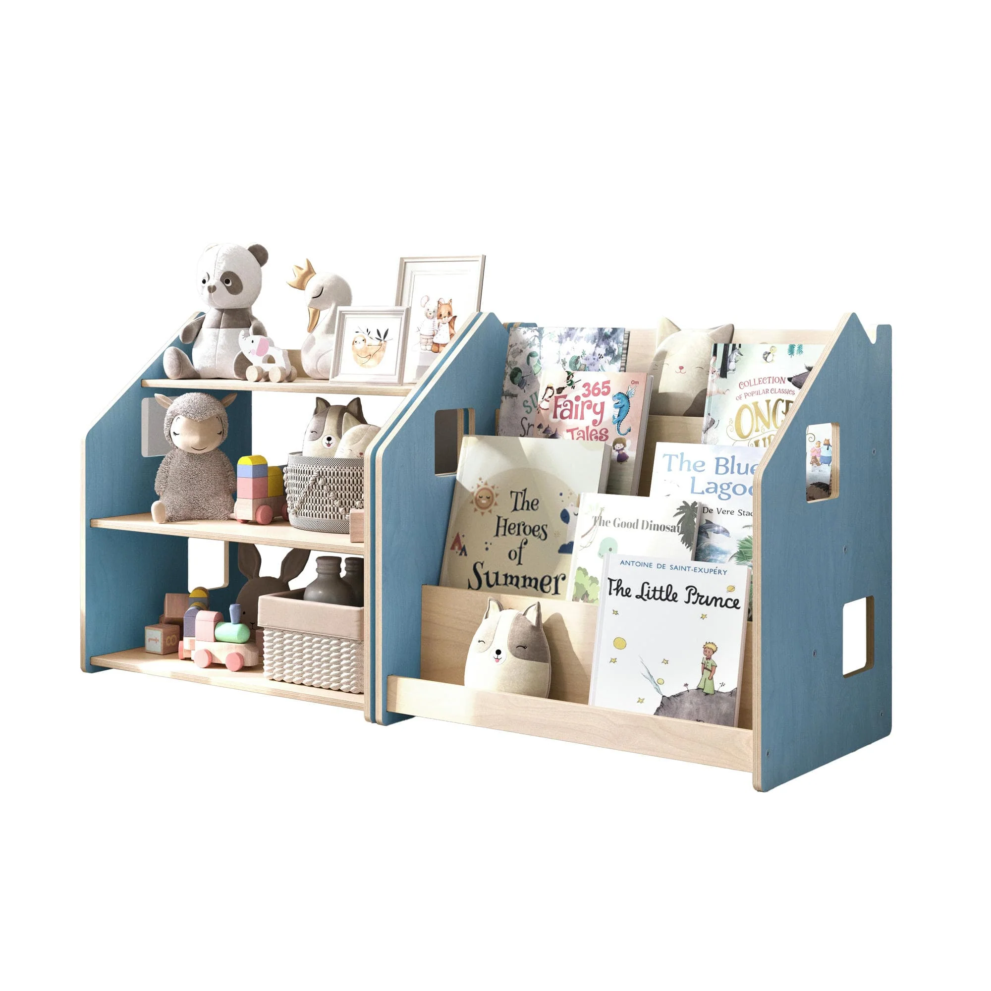 Libreria montessoriana + Scaffale portagiochi Set - celeste / rosa