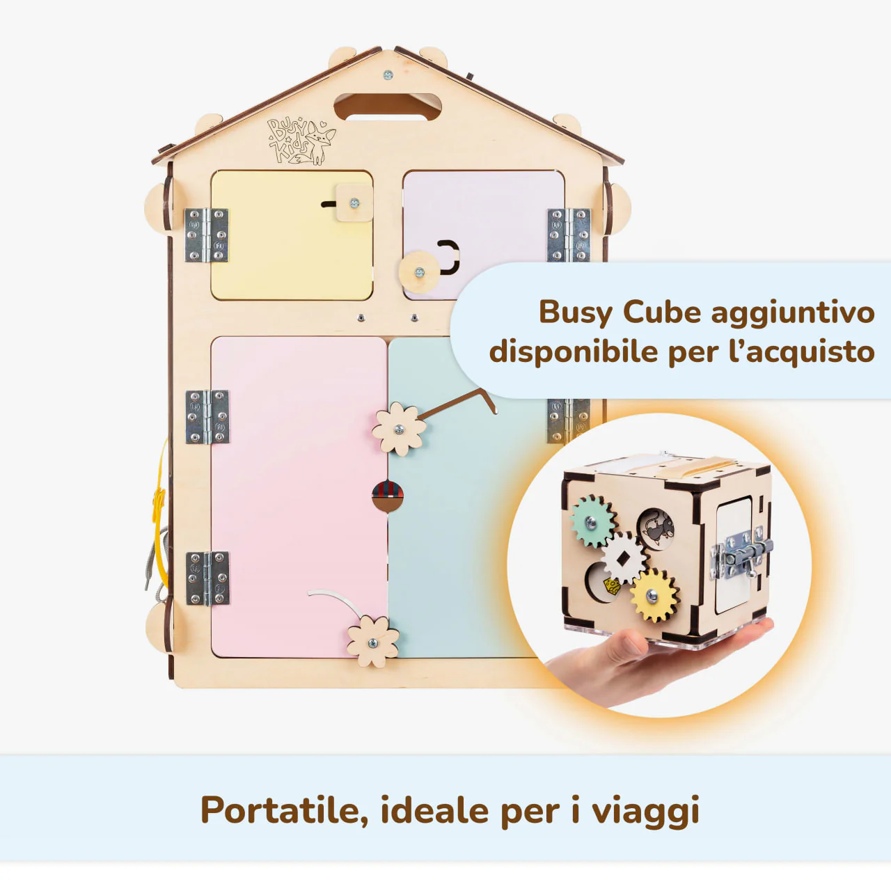 Casetta Montessori in Legno Natura Pastello e Busy Cube set
