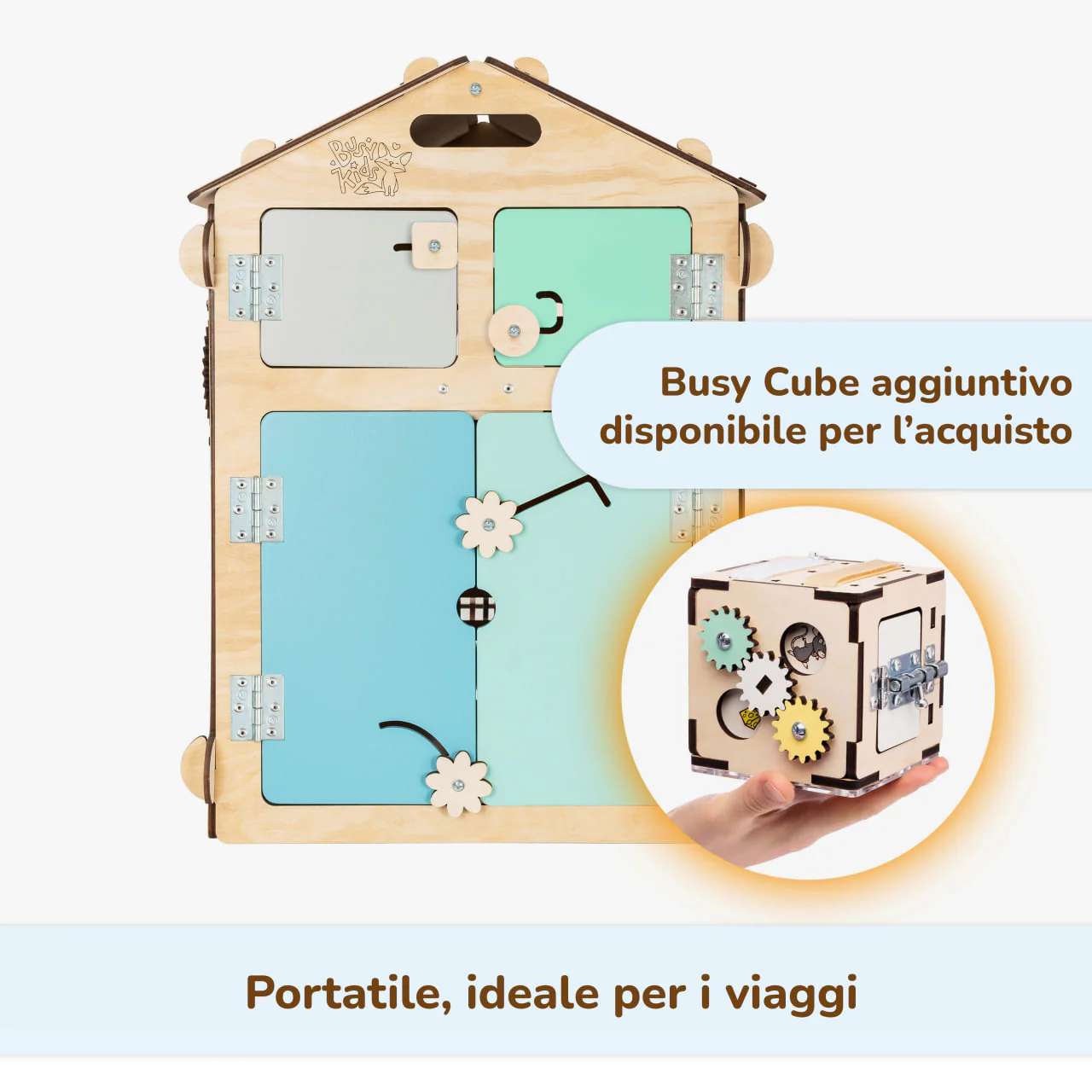 Casetta Montessori in Legno Natura Menta e Busy Cube set