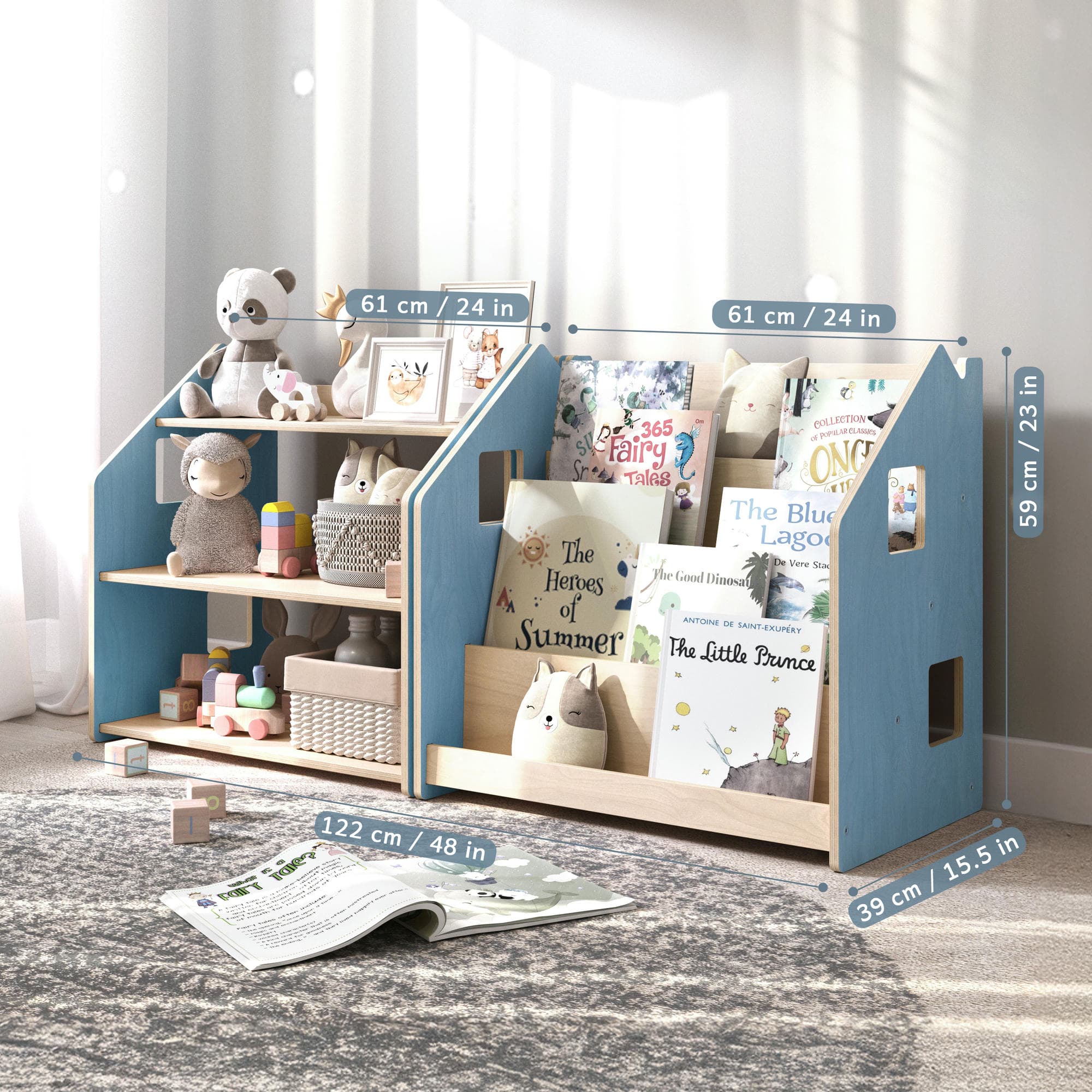 Libreria montessoriana + Scaffale portagiochi Set - celeste / rosa